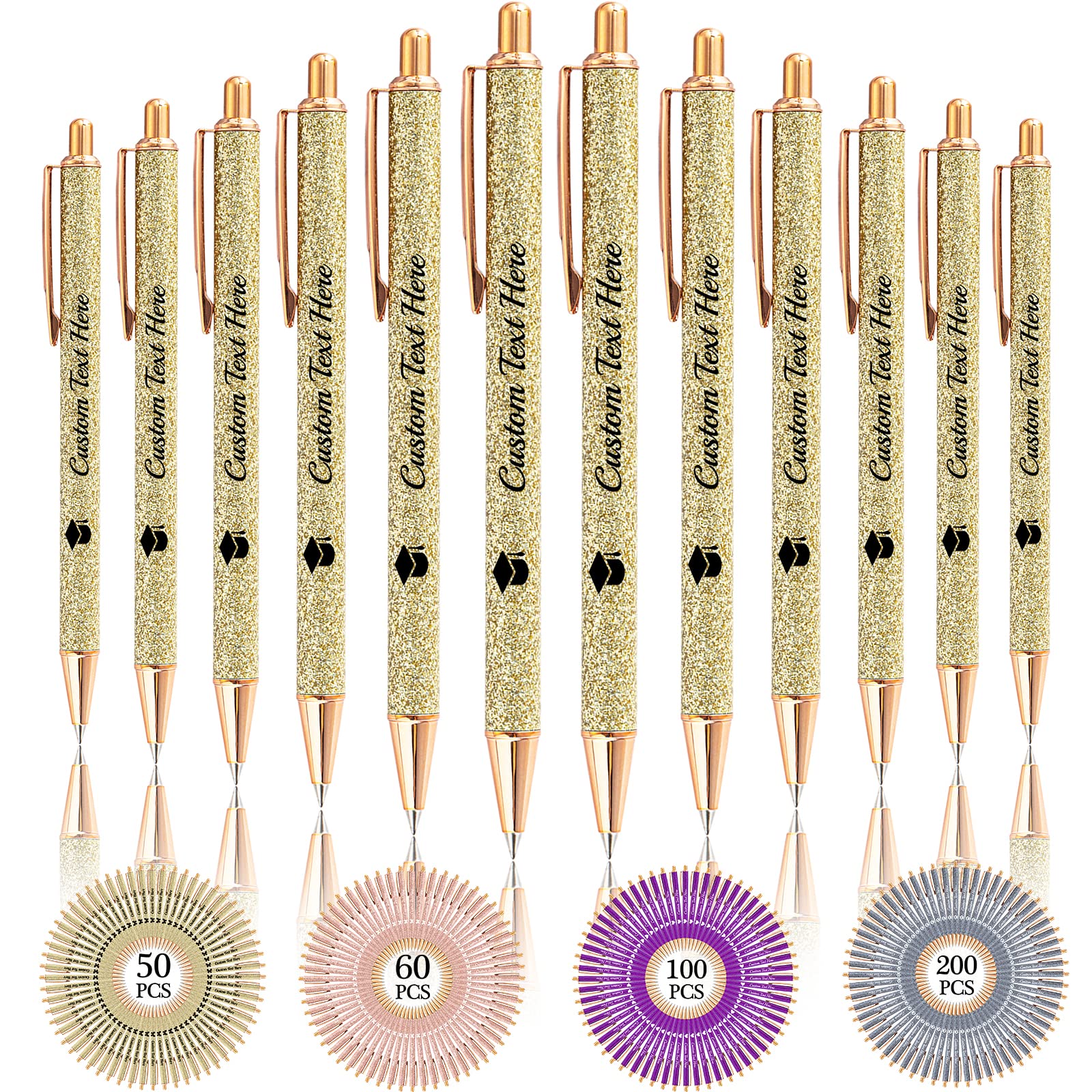 Aolun 10 Personalised Pens with Name Custom Glitter Pen Bulk Customised Retractable Ballpoint Pens with Text Message for Women Nurses Writing Birthday Business Graduation_Black Ink
