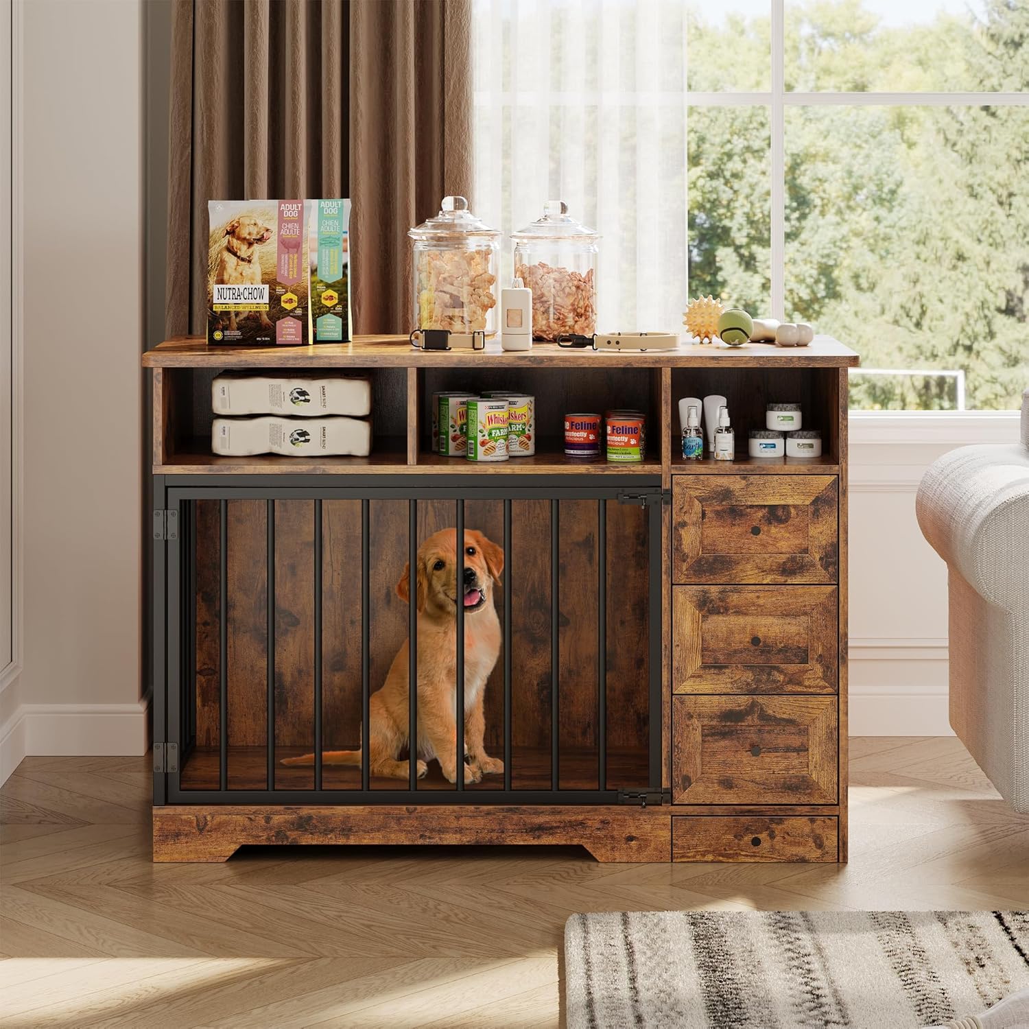 48 Inch Dog Crate Furniture with Pull-Out Feeding Bowl, Heavy Duty Dog Kennel with 3 Drawers & Storage Shelves, Large Dog Cage End Table, Wooden Pet Crate Indoor, Farmhouse Style