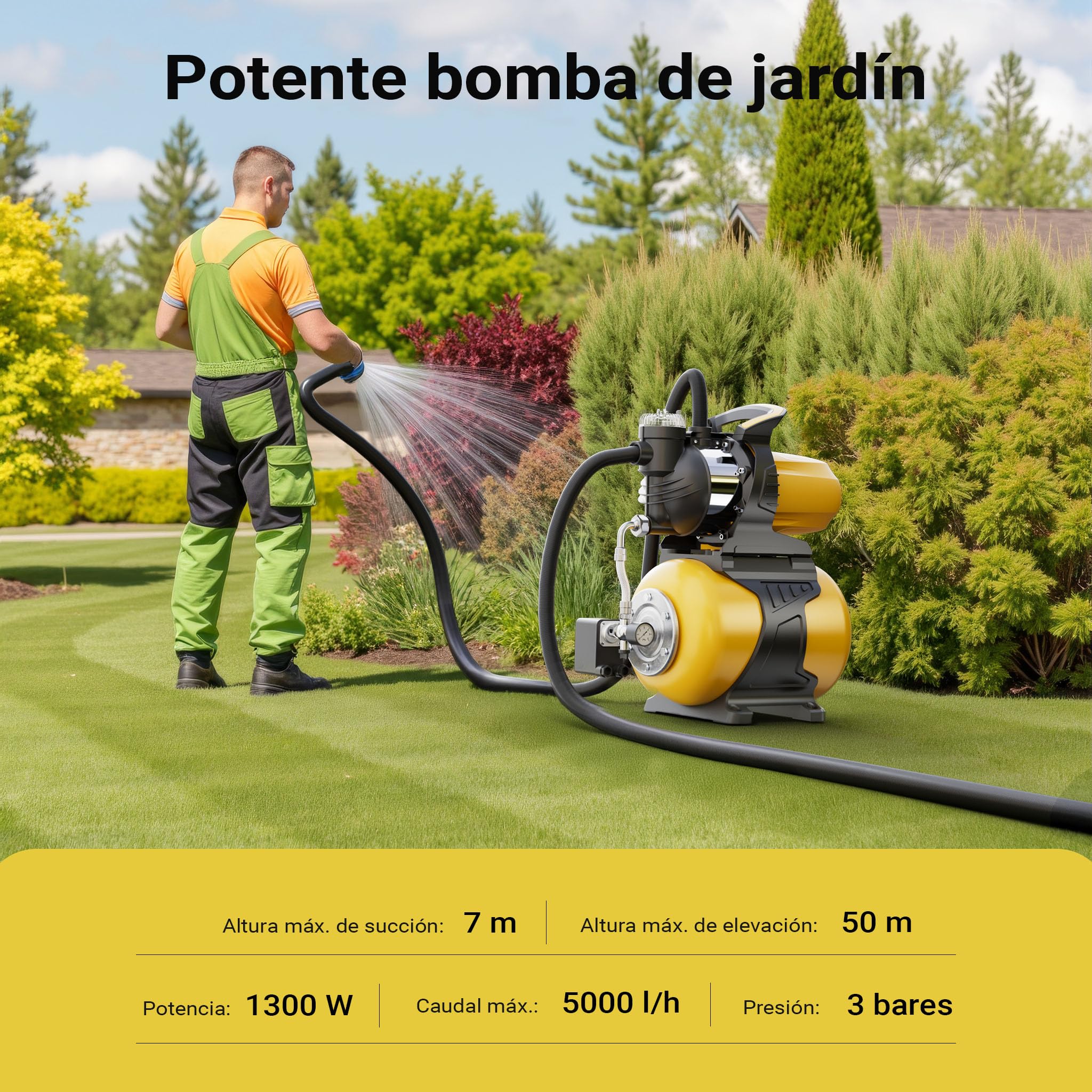 Wiltec Bomba de agua 1300 W con tanque de presión de 24 L y prefiltro, caudal 5000 l/, equipo de presión de agua para uso doméstico, carcasa de acero inoxidable, altura de elevación 50 m