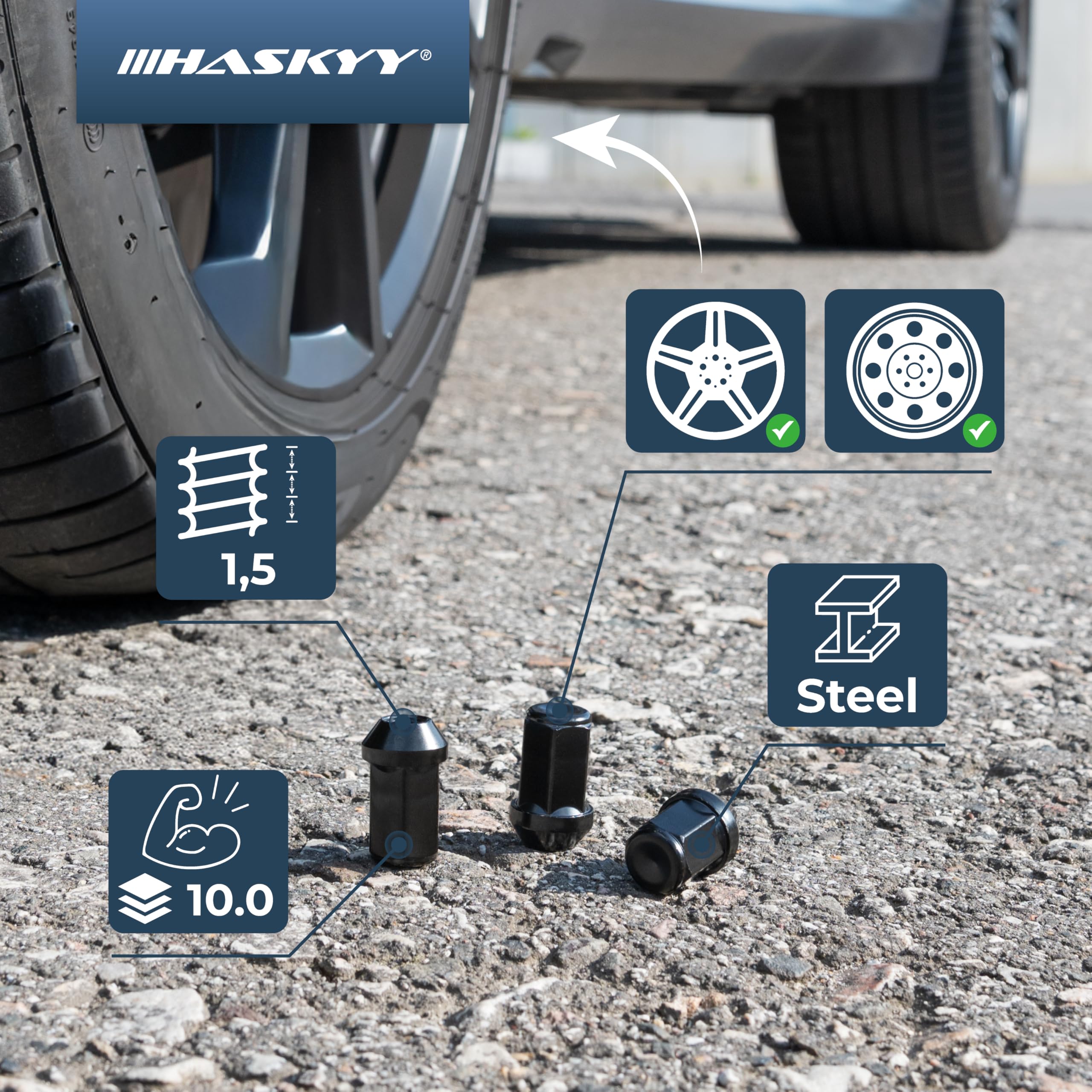 HASKYY Lot de 24 écrous de roue M14 x 1,5 x 41 mm conique 60° SW19 (largeur clé) 6 trous noirs I compatibles avec Dodge RAM à partir de 2019