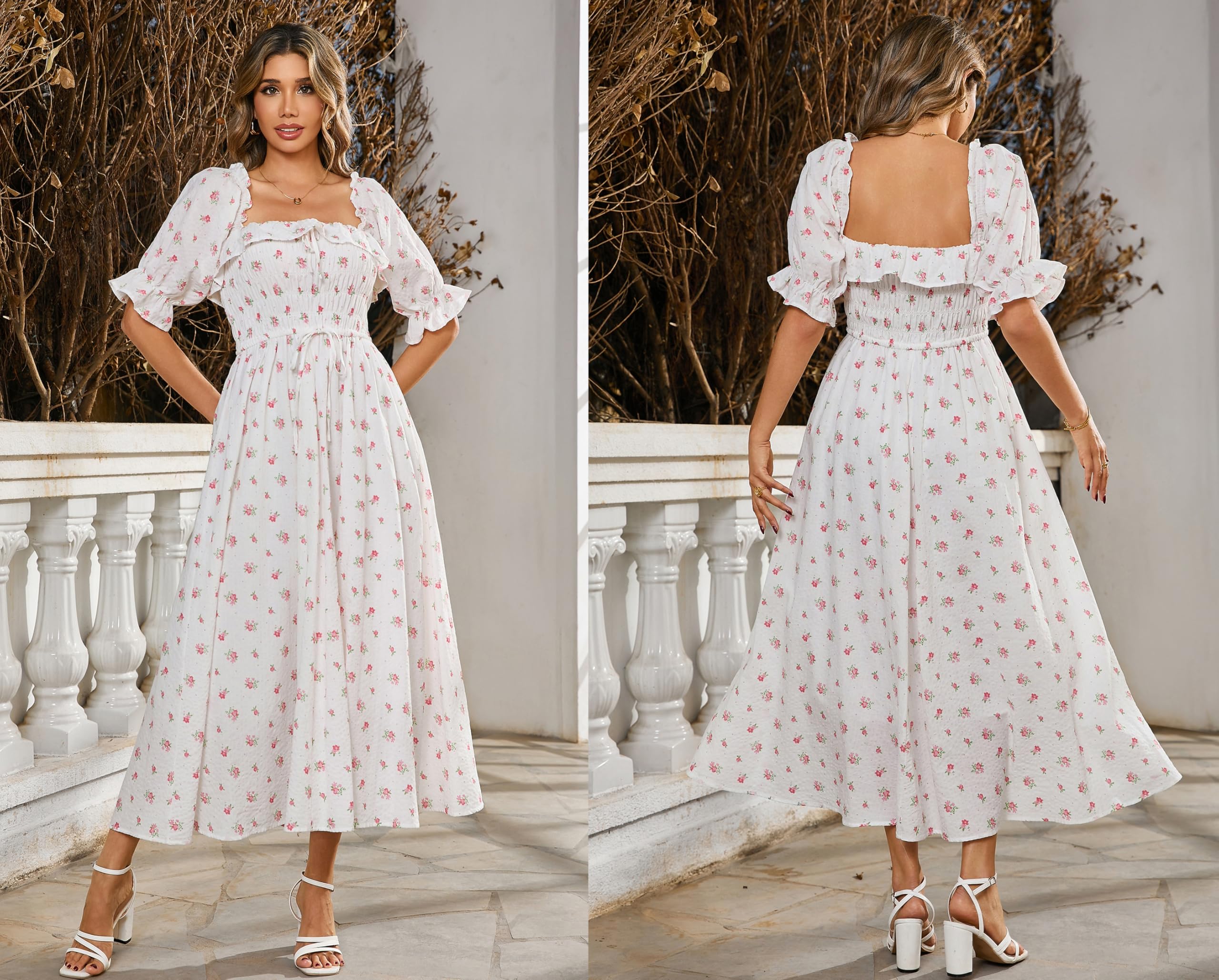 R.Vivimos Robes à Demi-Manches Slim à Pois pour Femmes col carré Robe Midi Longue