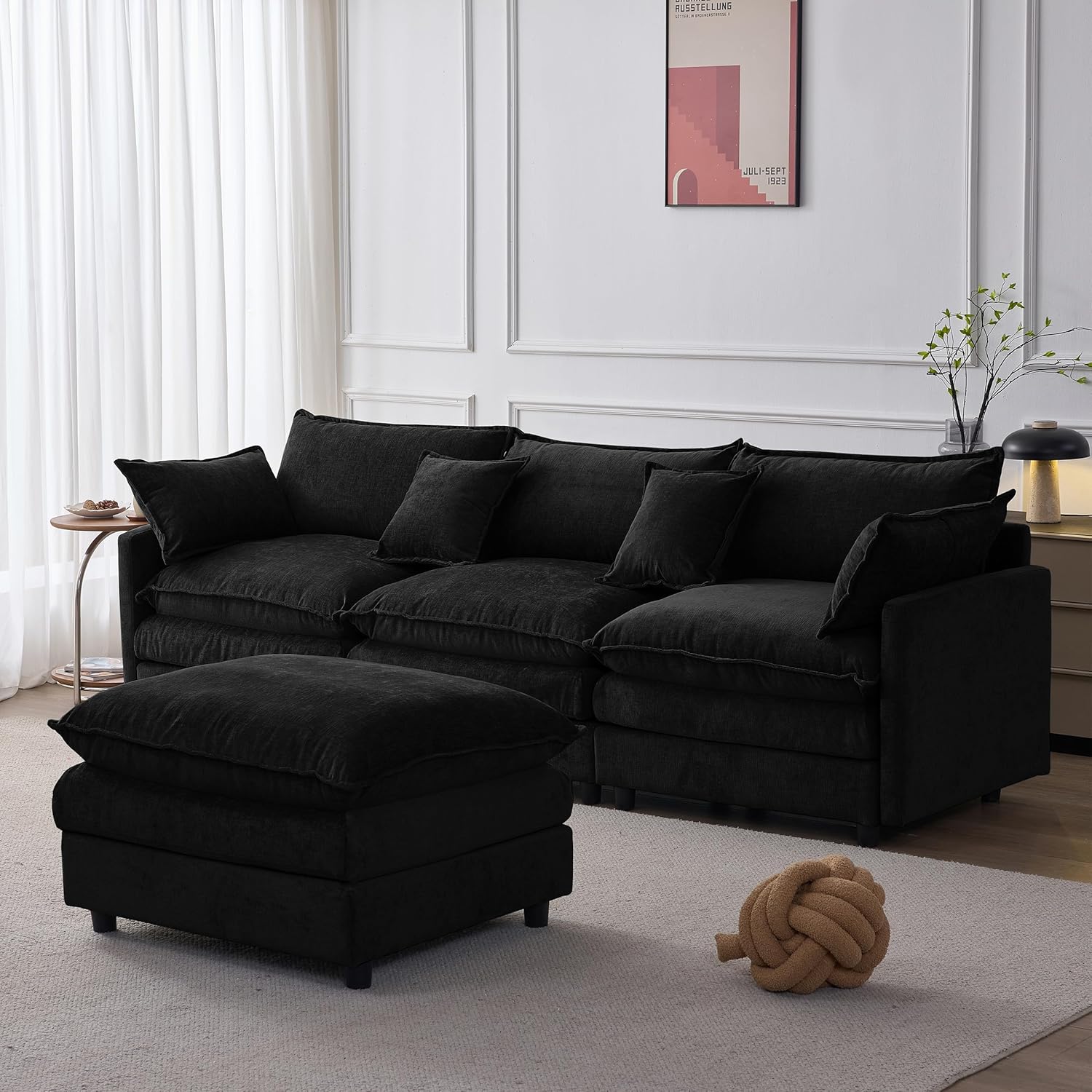 KEIKI 105" Modular Sectional Sofa with Ottoman, Soft Chenille L-Shaped Couch, 3-Seater Modern Living Room Sofa, Comfortable Upholstered Couch with Pocket Spring Foam Cushions, Black