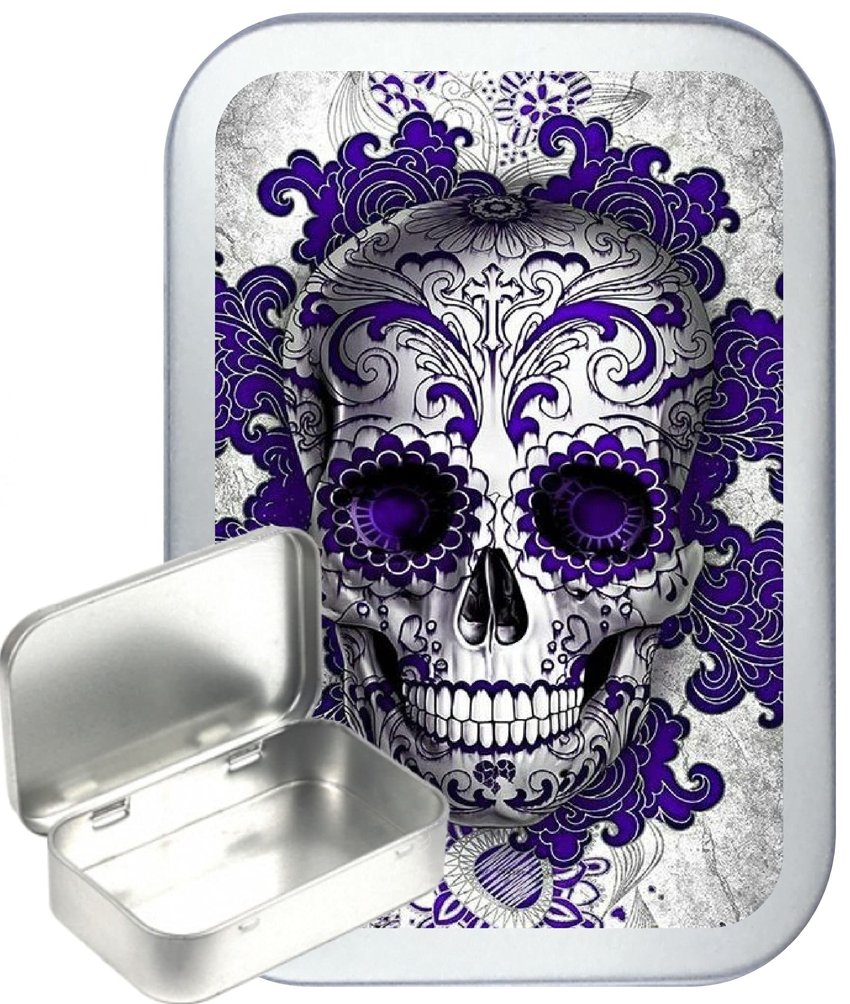 TEEZ Purple Candy Skull 50ml Silver Hinged Tobacco Tin, Hinged 1oz Tobacco Tin
