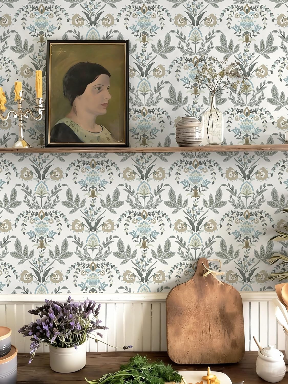 Dimoon Vintage Peel and Stick Wallpaper Boho Floral Leaf Contact Paper 394''x17.3'' Beige Grey Botanical Cottage Core Wallpaper Renter Friendly Damask Wall Paper for Bedroom Bathroom Decor Vinyl