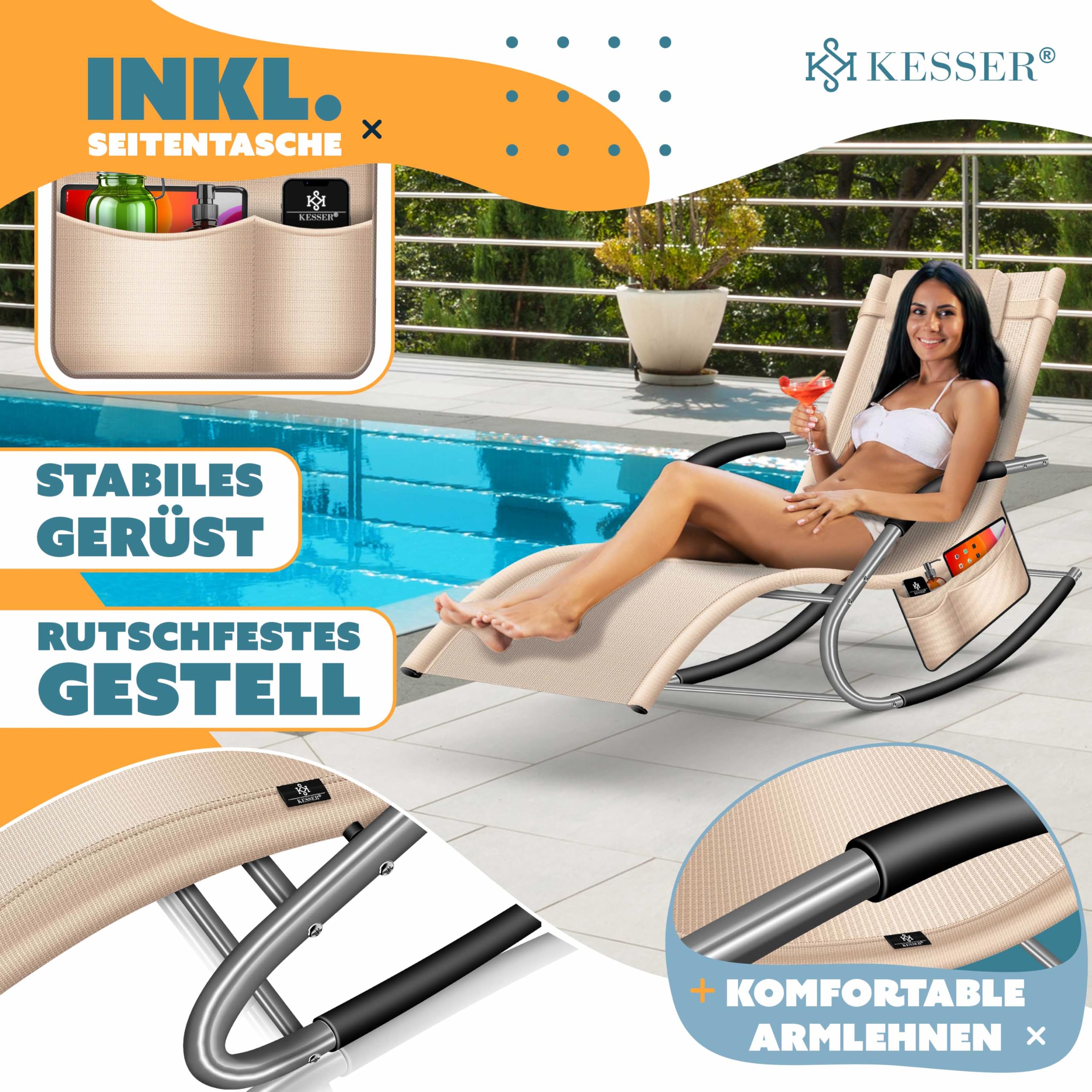 KESSER® Lettino da sole e da relax | Lettino a dondolo e da giardino | Sedia pieghevole e a sdraio | Poltrona a dondolo con seduta reclinabile ergonomica