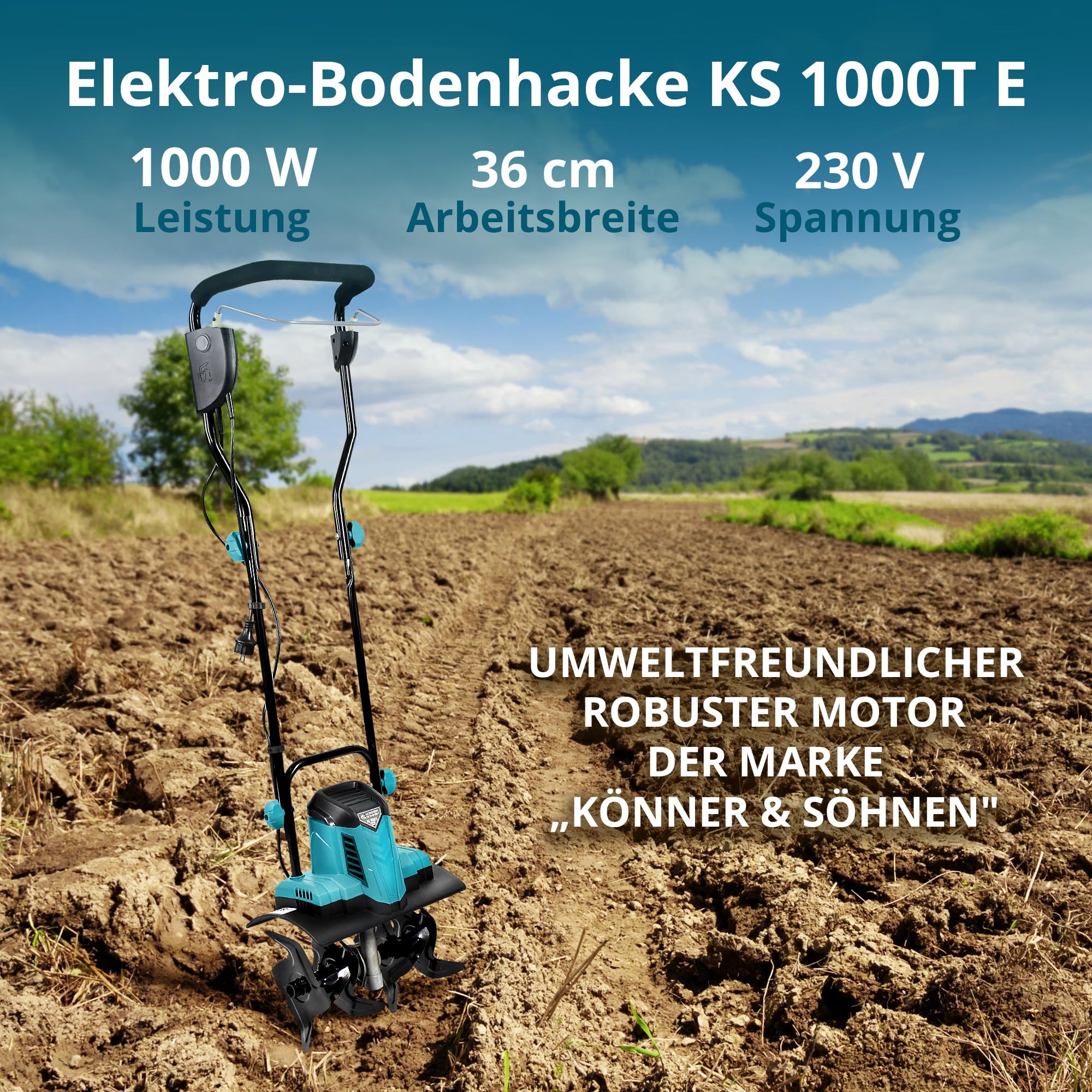 Könner & Söhnen KS 1000T E Elektro-Bodenhacke, Stake Metallfräsen, 36 cm Arbeitsbreite, bis 22 cm Arbeitstiefe, 1000 W, 230 V, 8 kg, Gartenfräse für Hofgrundstücken, Blumen- und Gartenbeeten