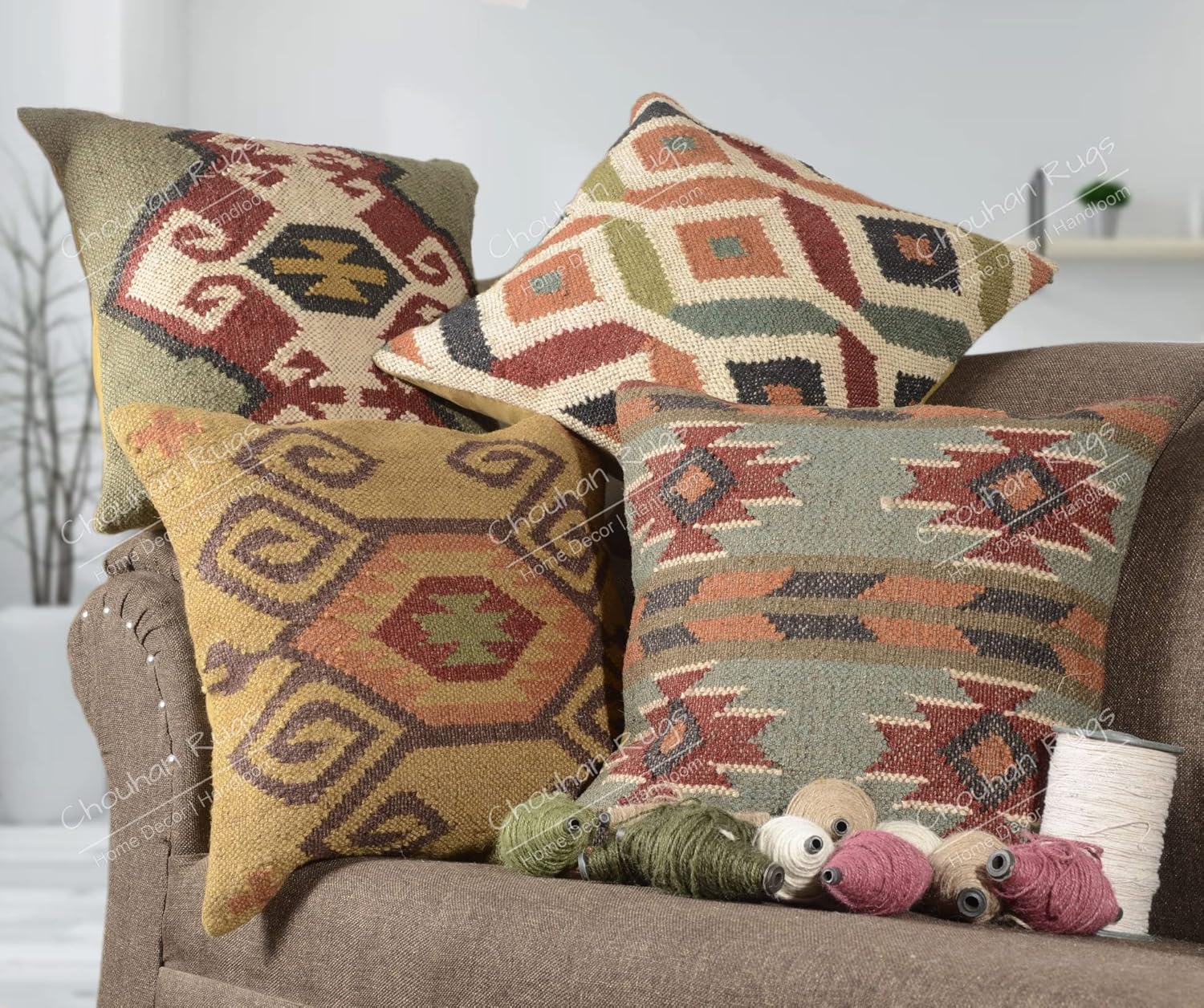 Chouhan Rugs 4 pcs Set of Indian Hand loomed Cushion Cover, Natural Jute Pillows Covers, 18x18 Inch Hand-Woven Throw Pillowcases, Home Decor Sofa Pillow Covers