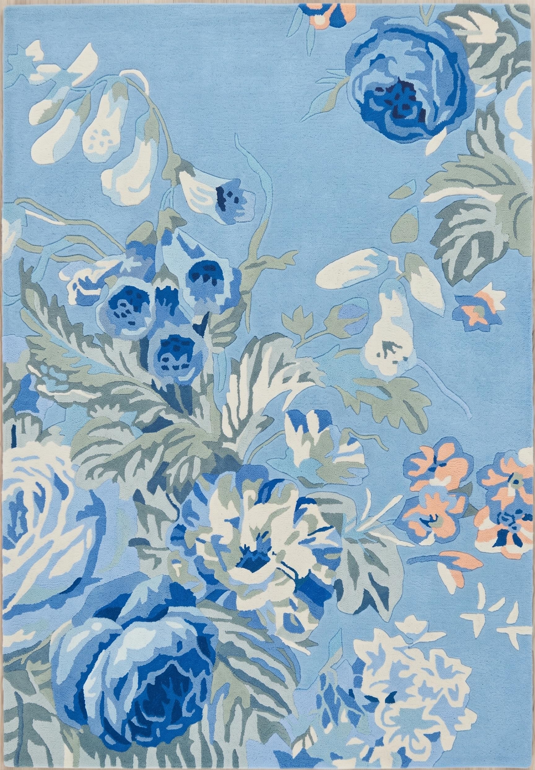 Modern Rose Floral Wool Area Rug | Handmade Area Rug with Garden Colorful Flowers for Living Room Dining Room and Kitchen (Sky Blue, 8x12 ft)