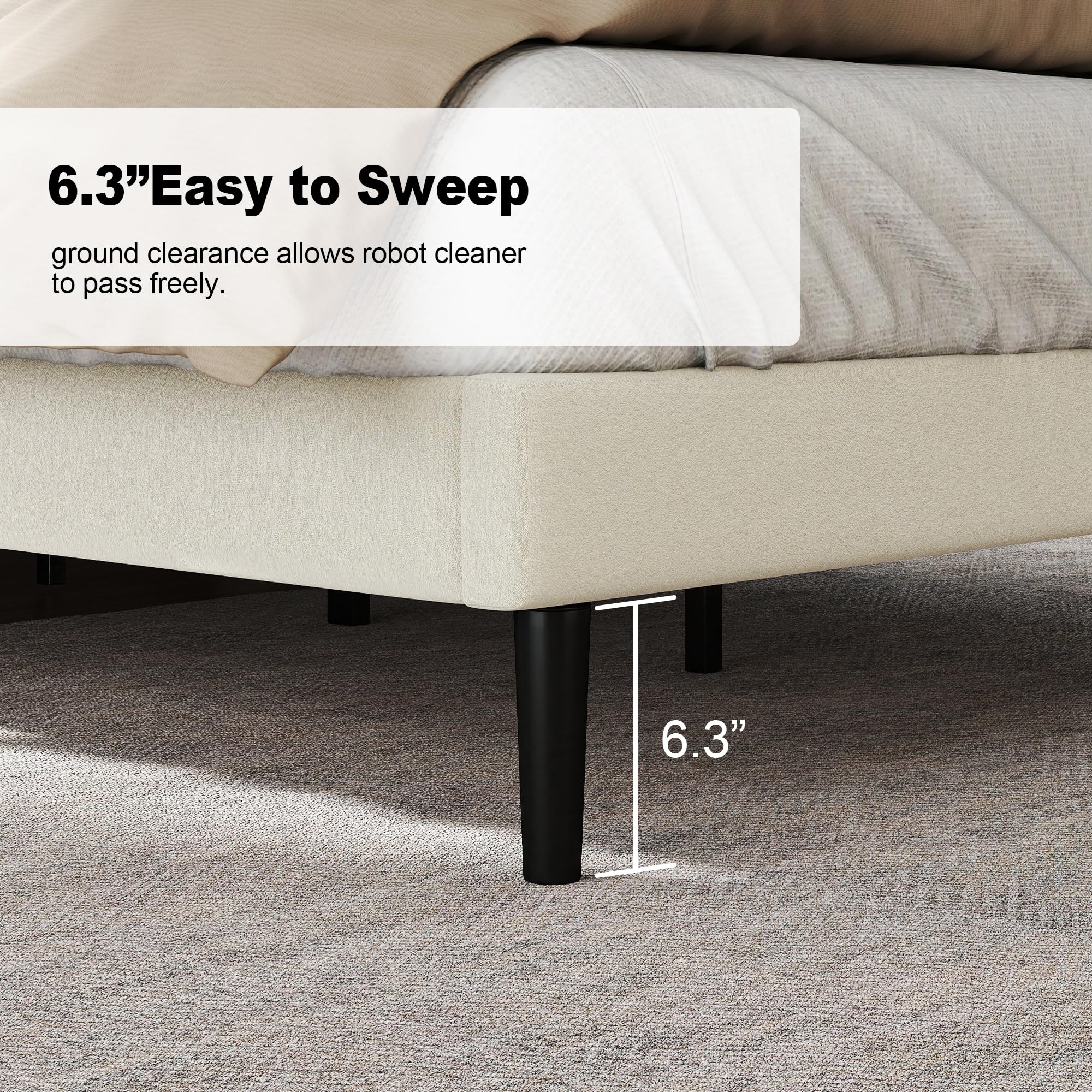 Base de cama tamaño King con cabecera tapizada de tela, plataforma con soporte de listones de madera, base de colchón completa, somier opcional, fácil montaje 6