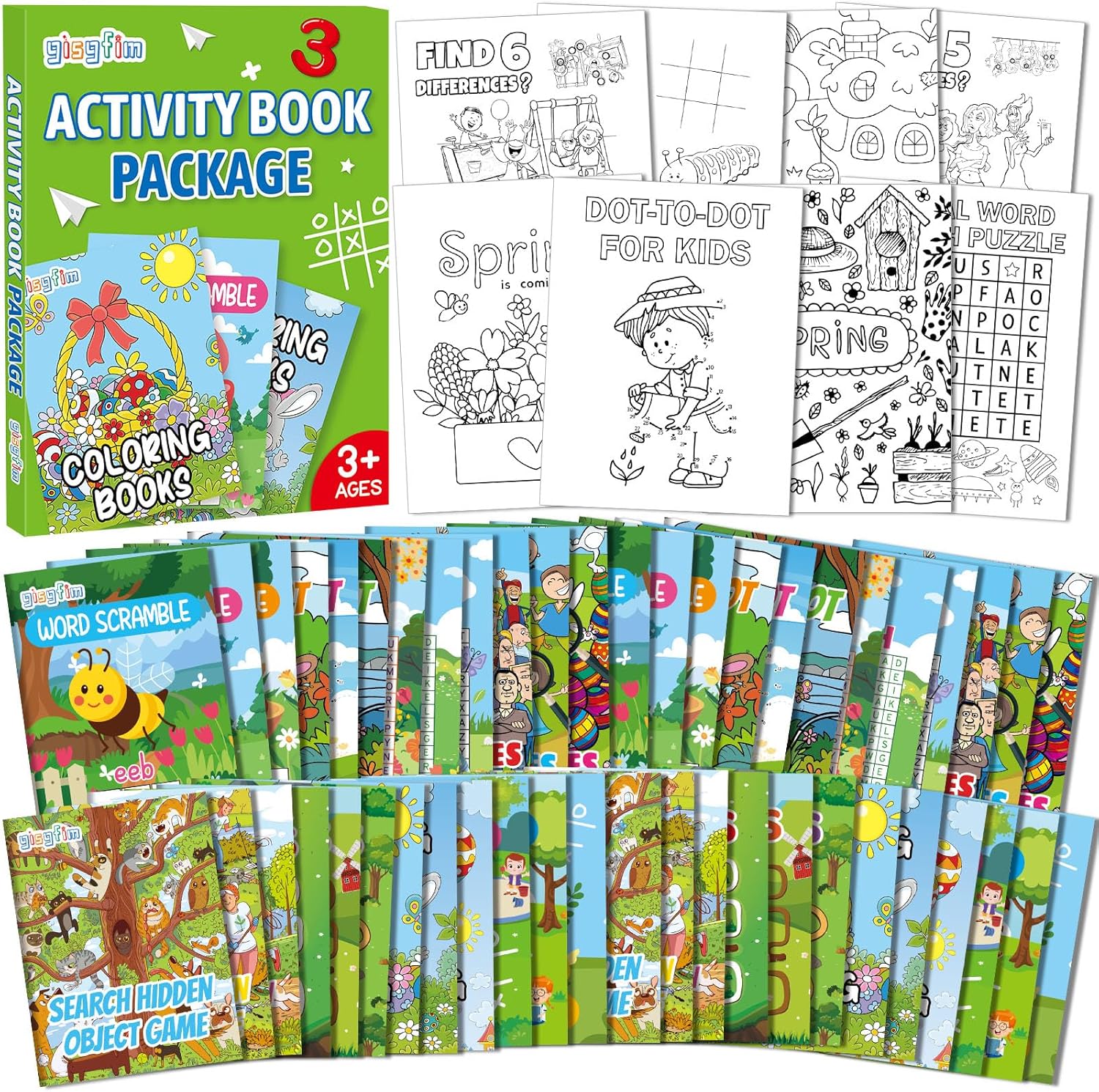 gisgfim 192 PCS Spring Mini Activity Books Kids Coloring Books Party Favors Bulk Challenging Game Include Maze Dot to Dot Word Search Word Scramble for Age 4-12 Goodie Bags Stuffers Supplies