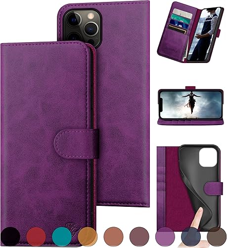 Funda tipo cartera de piel auténtica para iPhone 1212 Pro de 6.1 pulgadas con bloqueo RFID, 4 tarjeteros de crédito. Cuero auténtico Funda
