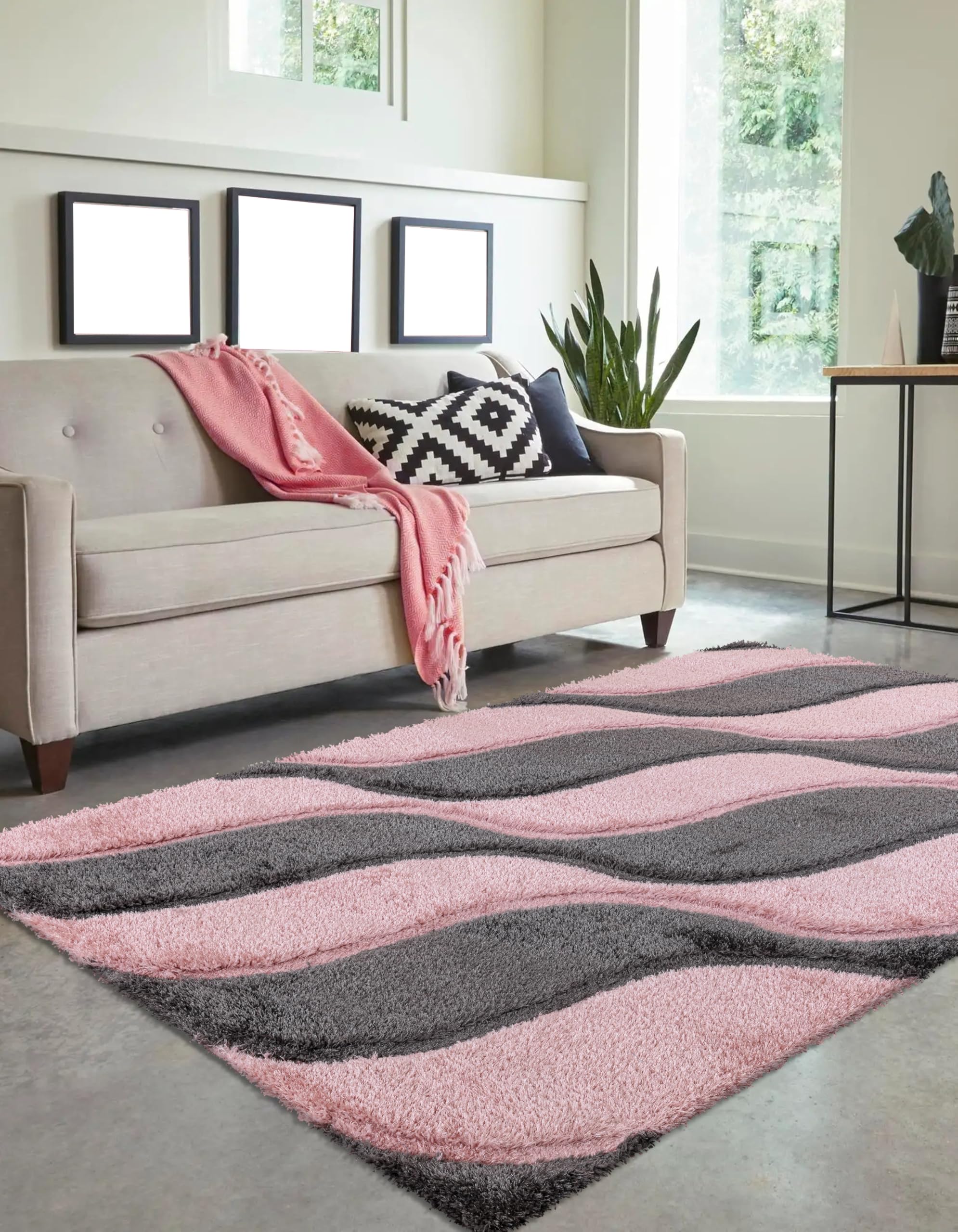 Modern Wave Pattern Rug Geometric Swirl Carpet High Pile, Soft 3D Shaggy Area Rug for Living Room, Bedroom & Lounge Non-Shedding Easy Care (Pink, 200 cm × 290 cm = 6.56 ft × 9.51 ft)
