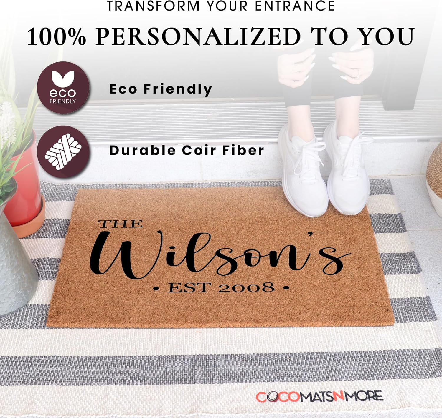 COCO MATS 'N MORE Coco Coir Doormat – Personalized Outdoor Welcome Mat, Front Porch Door Mat with Vinyl Backing & Heavy-Duty Dirt-Trapping Bristles, (22" x 36" | Family Established House Mats)
