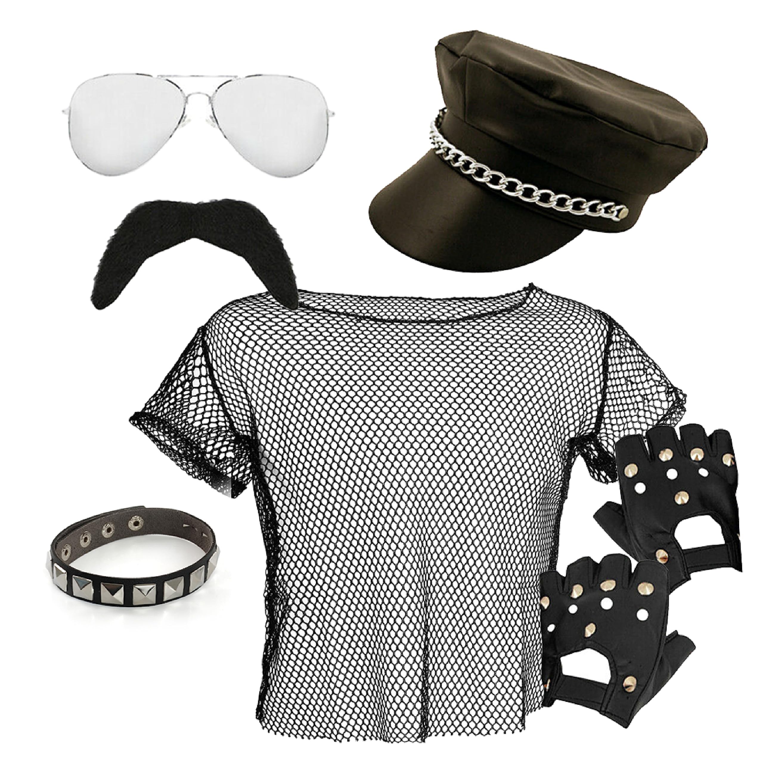 YMCA 70s Macho Man Accessory Set - X-Large - Black Mesh Top, Biker Hat, Sunglasses, Studded Armband, Fingerless Gloves - Adults Gay Biker Fancy Dress Costume
