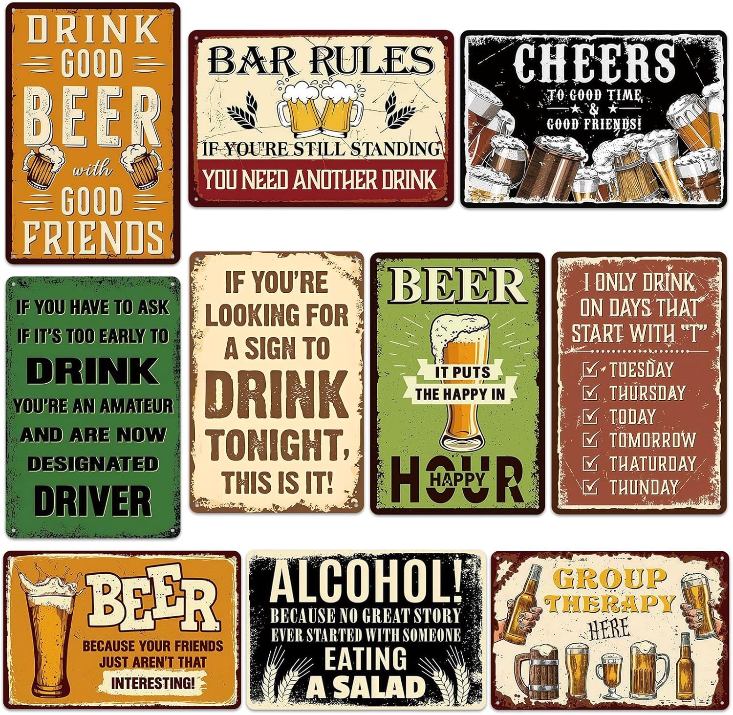 10PCS Funny Vintage Metal Tin Signs, Retro Beer & Bar Wall Decor 12x8 Inch, Humor Quotes Wall Art for Man Cave, Pub or Home Bar, Great Gift for Men, Dad or Friends