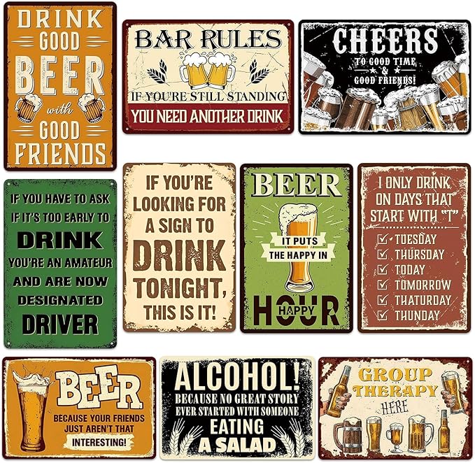 10PCS Vintage Funny Metal Tin Signs, Retro Humor Quotes Wall Art 12x8 Inch, Waterproof & Dustproof, Man Cave Decor, Bar Garage Basement Decorations, Great Father's Day or Birthday Gift (Beer & Bar Humor 10Pcs)