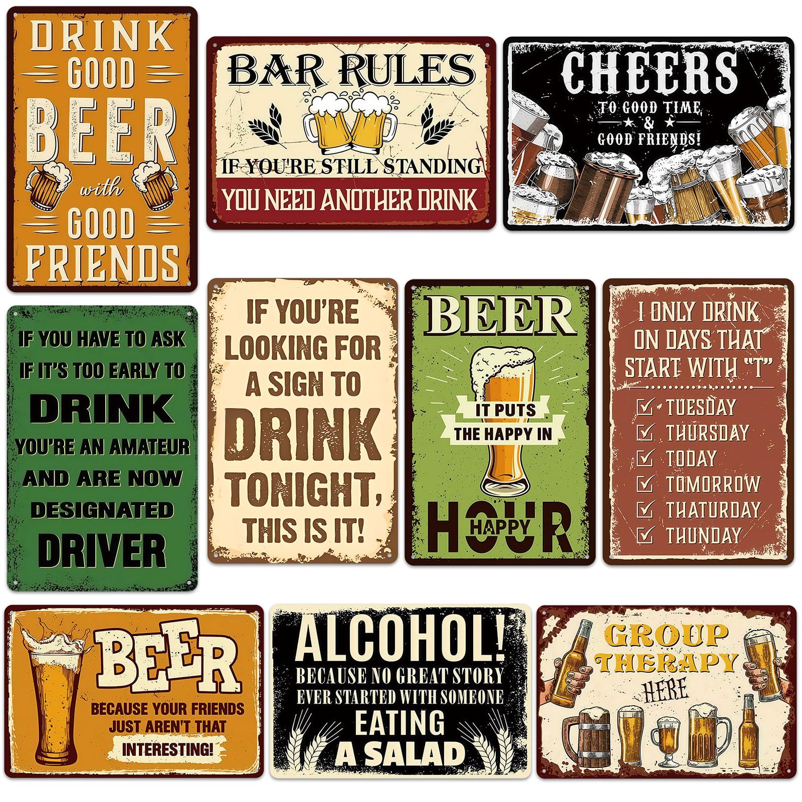 Confezione da 10 divertenti targhe in metallo vintage, decorazione da parete per bar e birra, 30,5 x 20,3 cm, con citazioni umoristiche, decorazione da parete per uomo grotta, pub o bar di casa