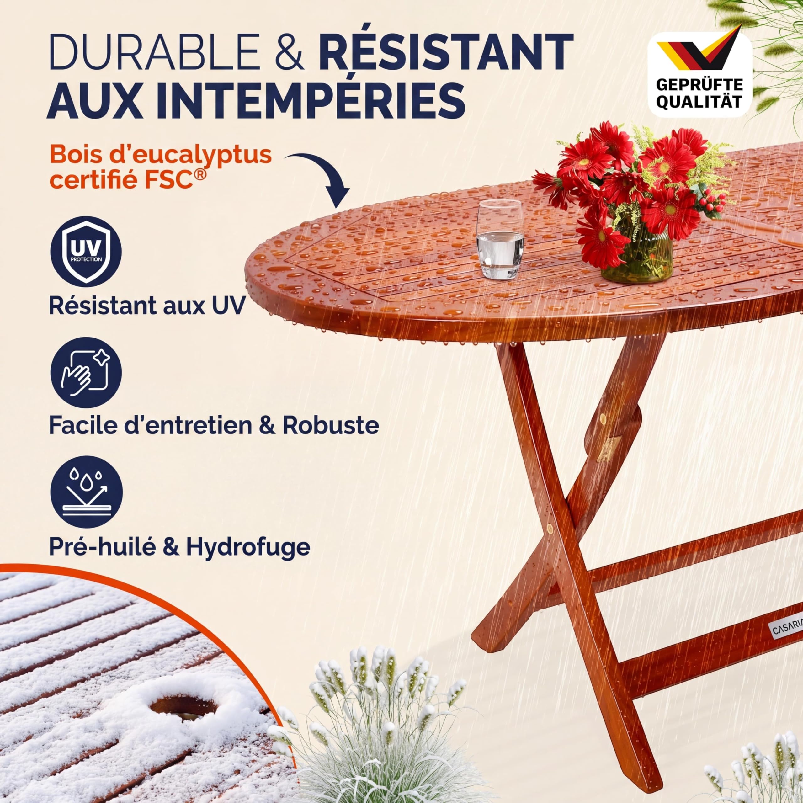 Casaria Table D Extérieur Alabama Salon De Jardin Ovale 6 Personnes Bois Eucalyptus Pliable avec Trou pour Parasol