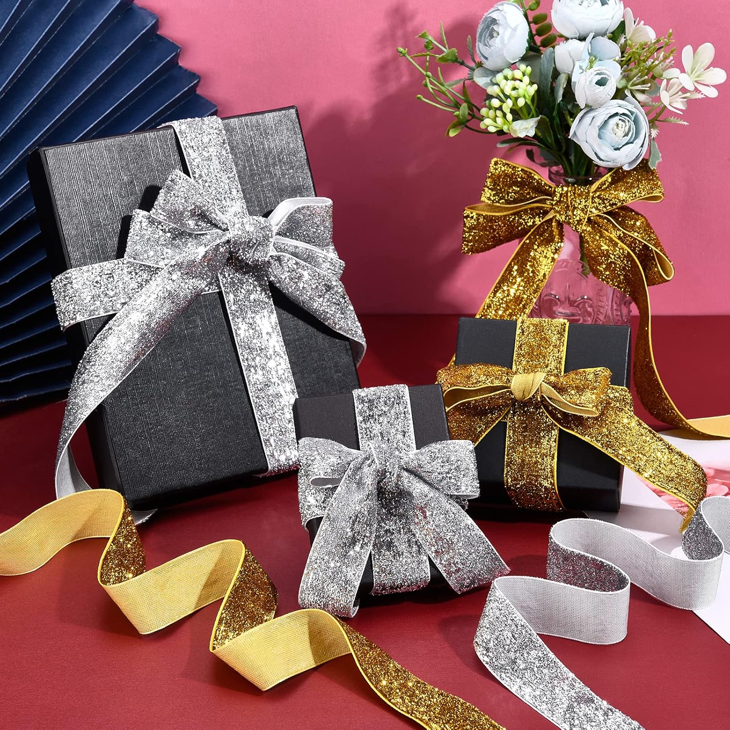 arricraft 20 Yards × 1 Inch Gold Silver Ribbons, Glitter Organza Ribbon Sparkle Metallic Ribbon for Crafts Christmas Gift Wrapping Card Making Wedding Decor