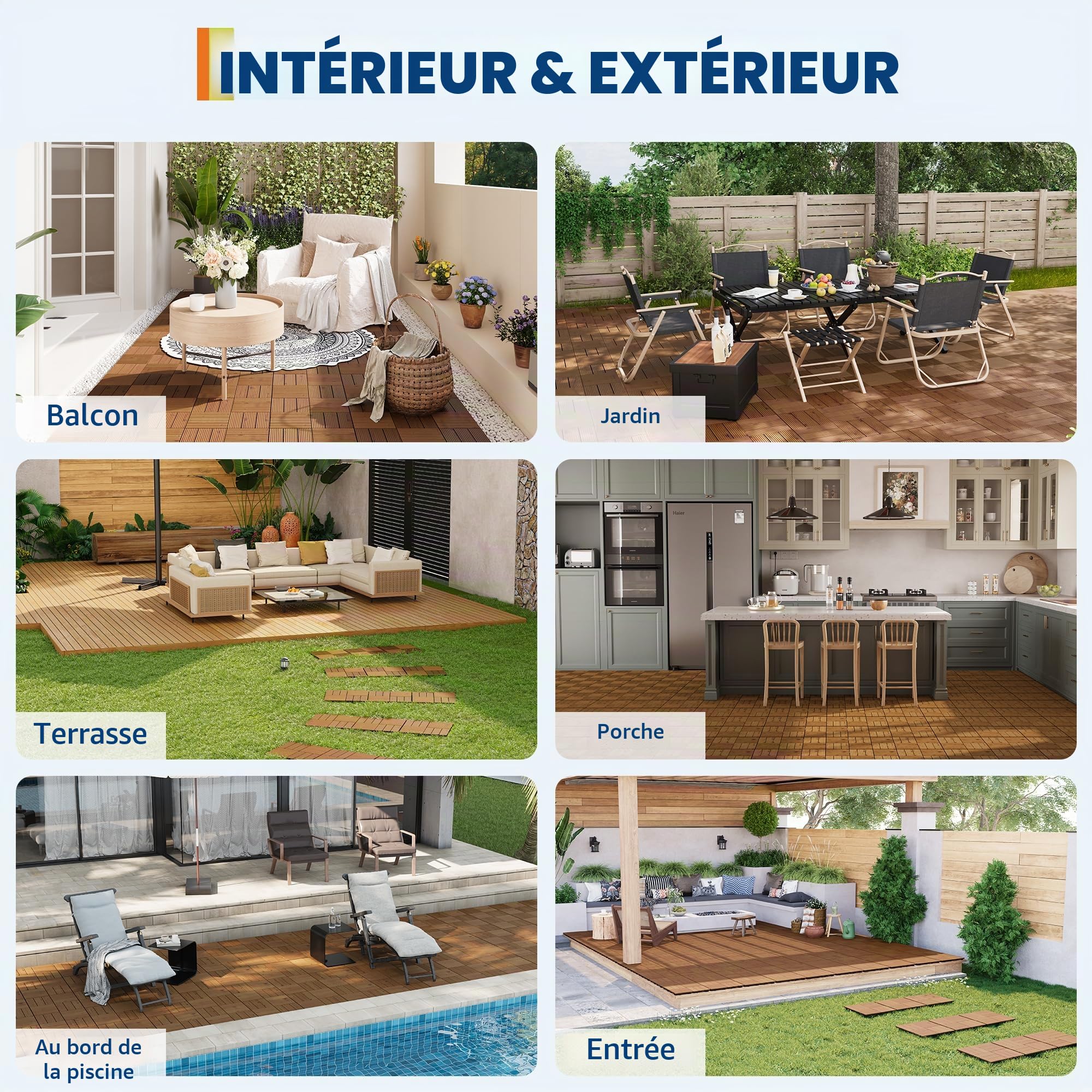 Garvee Dalles terrasse bois d'acacia 30x30cm emboîtables, Brun 33PCS