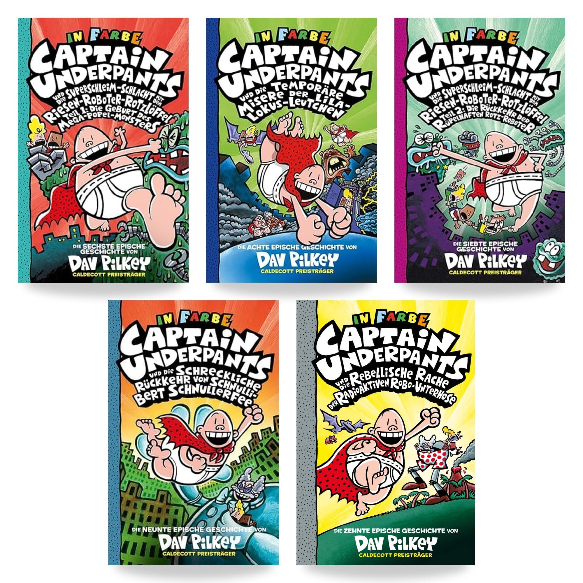 Dav Pilkey Captain Underpants Buchset Band 6-10 – Kinderbuch-Reihe – Comicroman-Serie für Kinder – lustige Abenteuer – beliebte Kinderbücher für Jungen und Mädchen mit exklusivem Lesezeichen