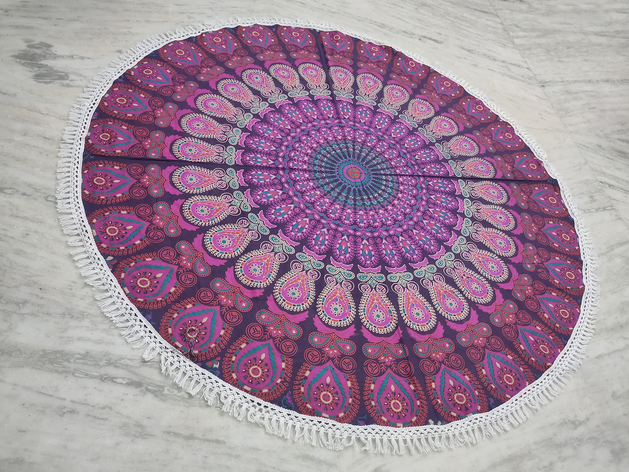 Round Beach Tapestry Turquoise Mandala Throw/Boho Hippie Beach Blanket Roundie/Indian Cotton Bohemian Large Round Table Cloth-Home Decor/Yoga Mat Meditation Picnic Rug (42", White And Pink) 4