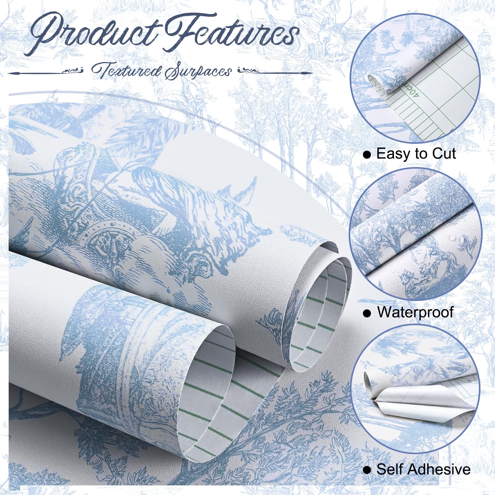 WENMER Toile Wallpaper, 17.7" X 590" Pink and White Peel and Stick Wall Paper, Toile de Jouy Wallpaper, French Vintage Contact Paper for Bedroom, Walls, Backdrop, Cabinet, Home Decor: 17.7" x 394" Blue