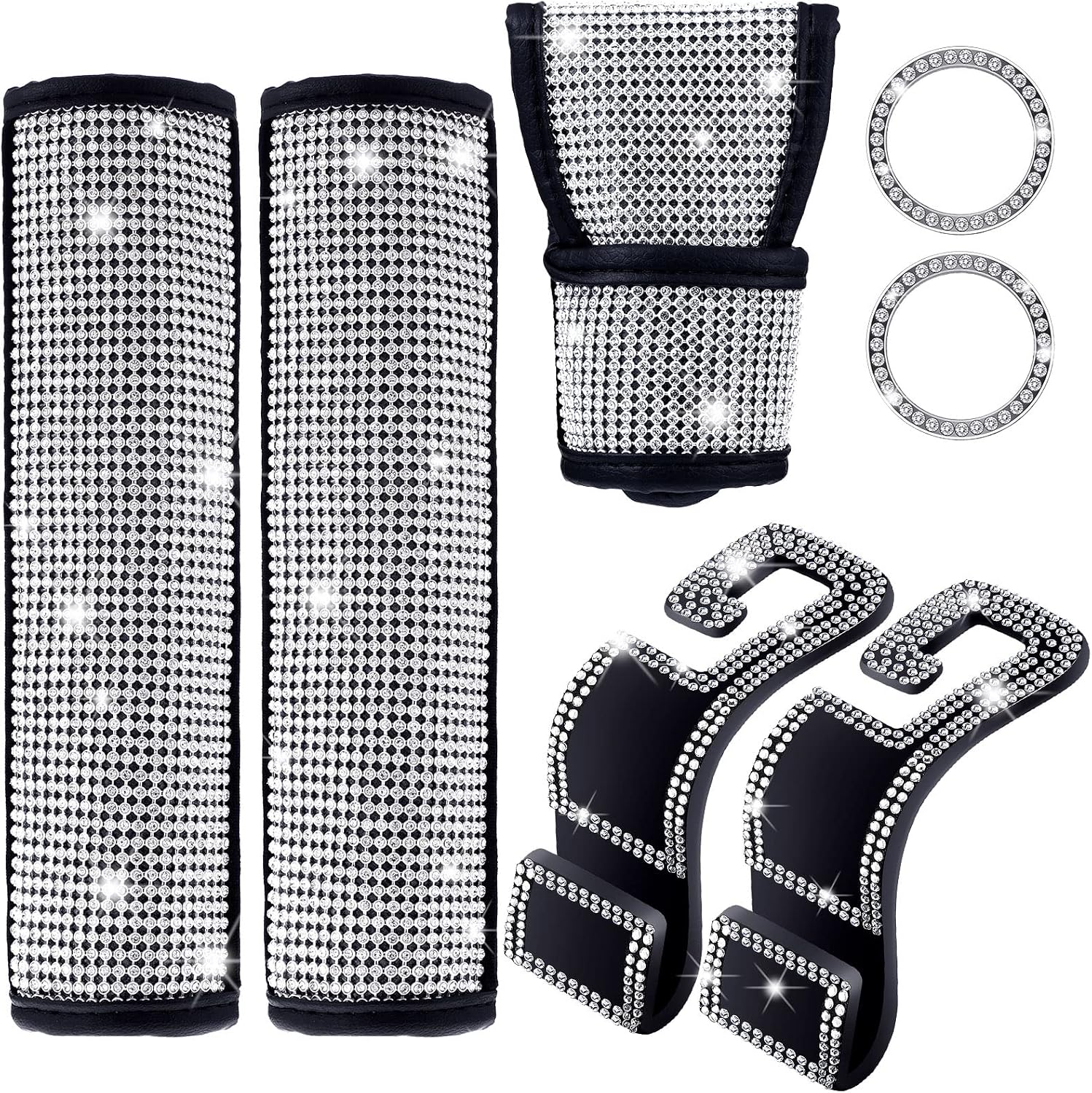Frienda 7 Pieces Bling Car Accessories for Women, Include Bling Seat Belt Covers, Bling Shift Gear Cover, Auto Bling Key Ignition Starter Ring Seat Hooks