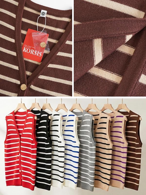KORSIS Sweater Vest Tops for Women Light Gray White Striped Small Button up Summer Fall Outfits Fashion Casual Shirts Coat Knit Cardigan jacket Work Clothes by KORSIS - Image 13