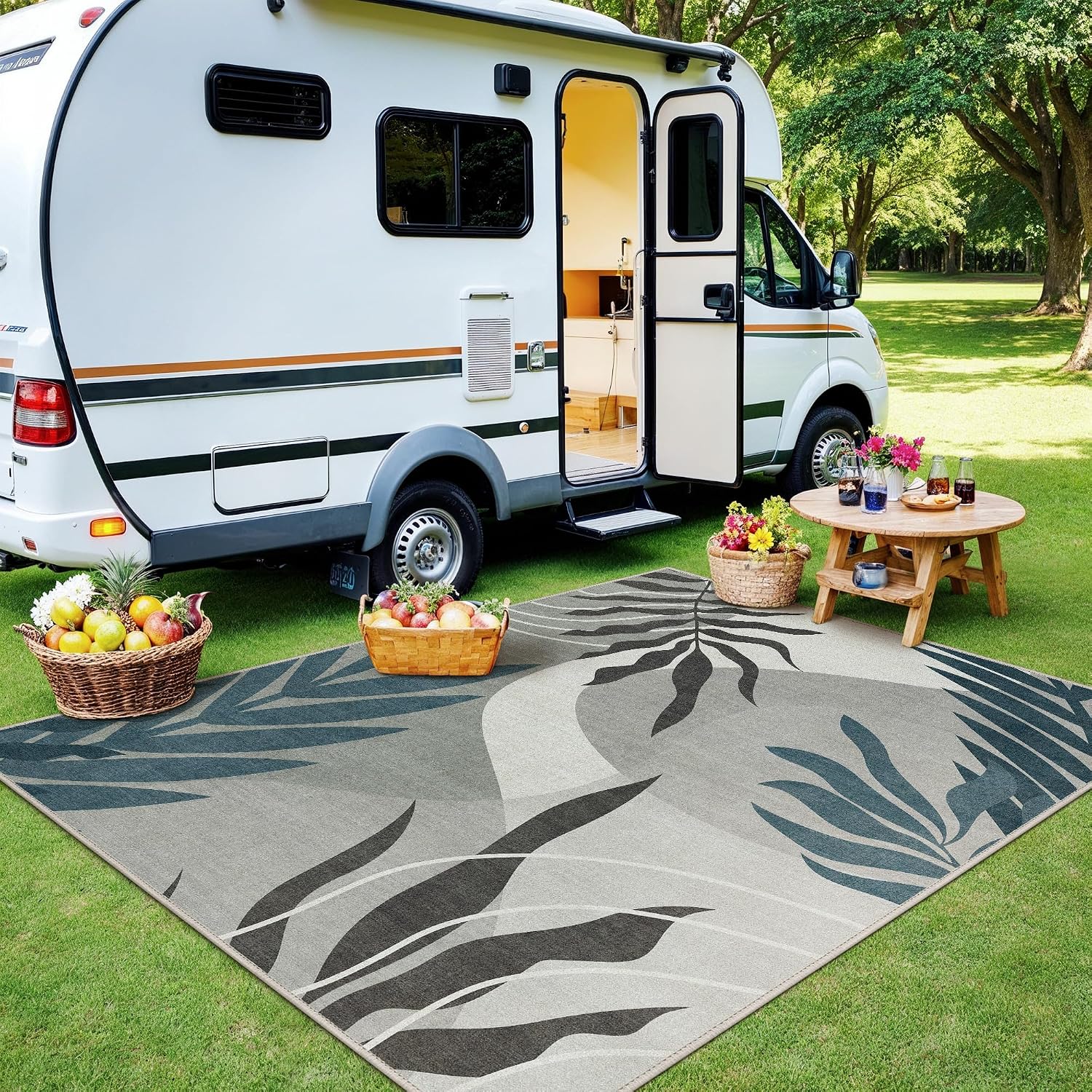 GENIMO Indoor Outdoor Area Rug 8' X 10' Waterproof, Washable Door Mat Non Shedding, Easy Cleaning Outdoor Carpet for Patio, Entryway, Porch, Bathroom, Living Room, Bedroom, Backyard, Blue&Grey