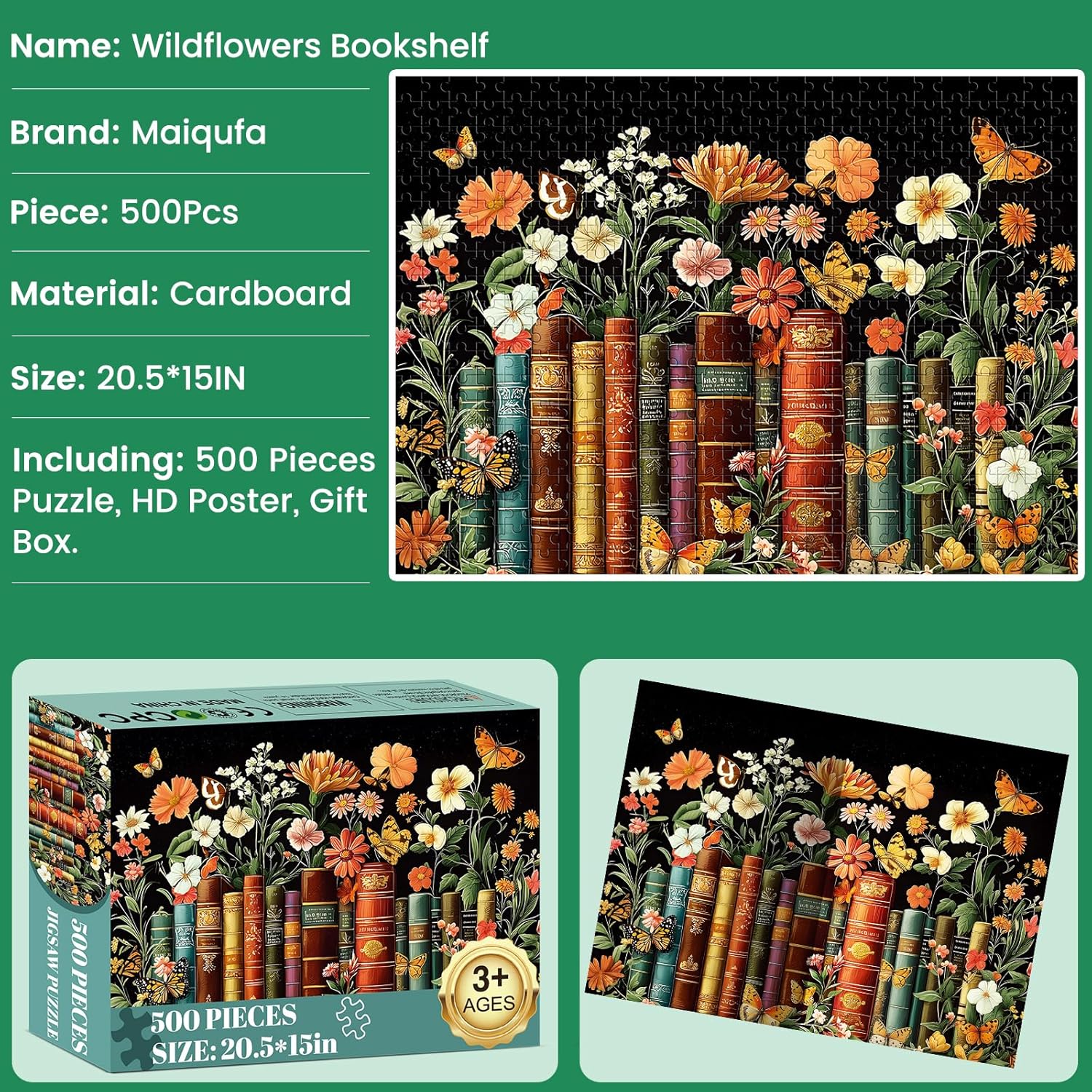 500 Piece Puzzle for Adults | Vintage Wildflowers Books Puzzle | Recycled Cardboard Plant Flowers Jigsaw Puzzle 500 Pieces | Challenging Game Home Decor Birthday Party Gift Toy for Adults Seniors