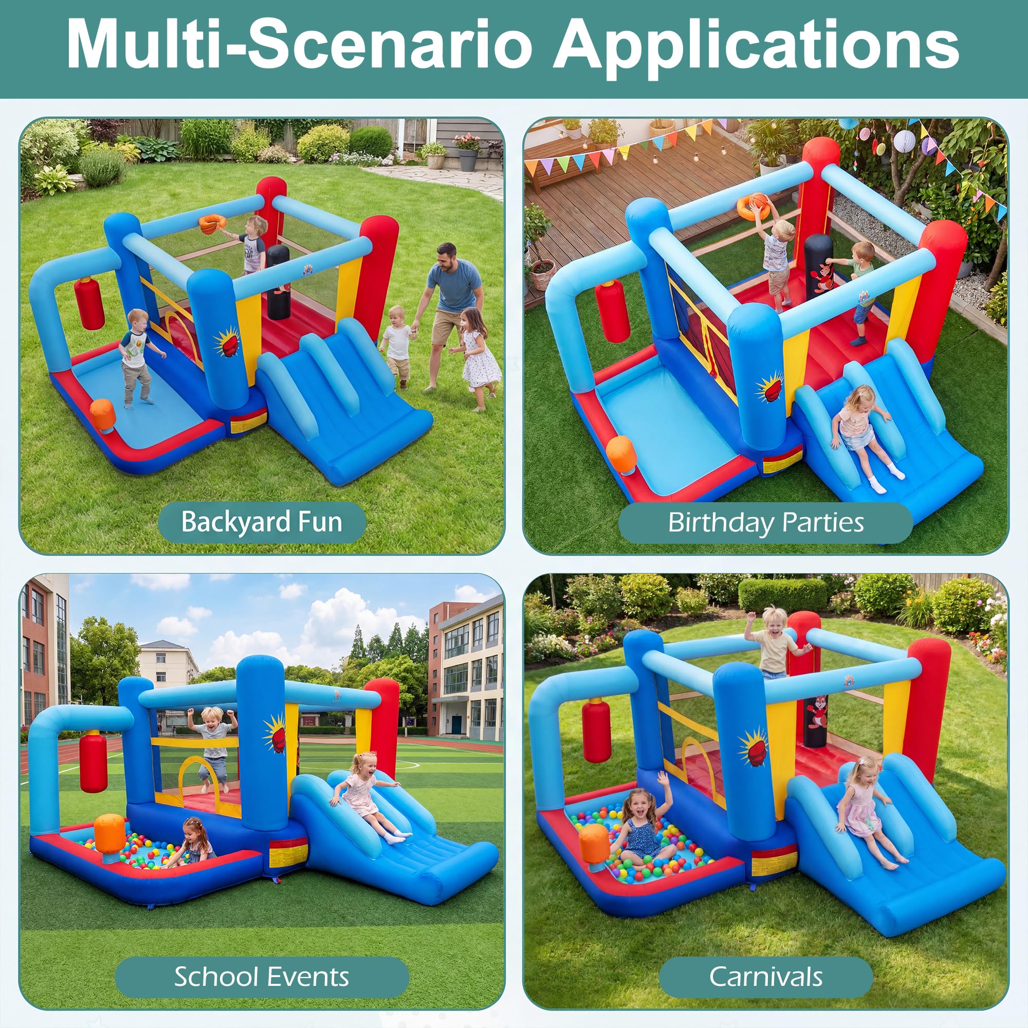 Giantex - Castillo hinchable para niños, exterior, con soplador, 550 W, parque acuático inflable con bolsas de golpeo, piscina, cesta de baloncesto, tobogán, para niños y niñas, 3-12 años, carga 90 kg