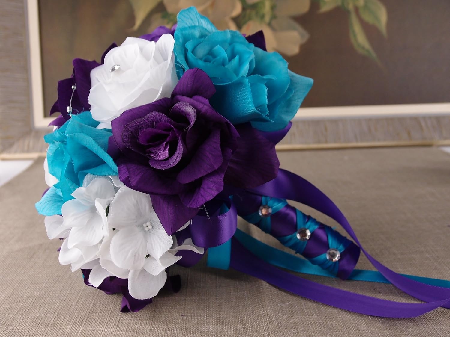 Angel Isabella 17pc Wedding Bridal Party Bouquets Boutonniere - Turquoise, Purple, Silver - Silk Roses Flowers