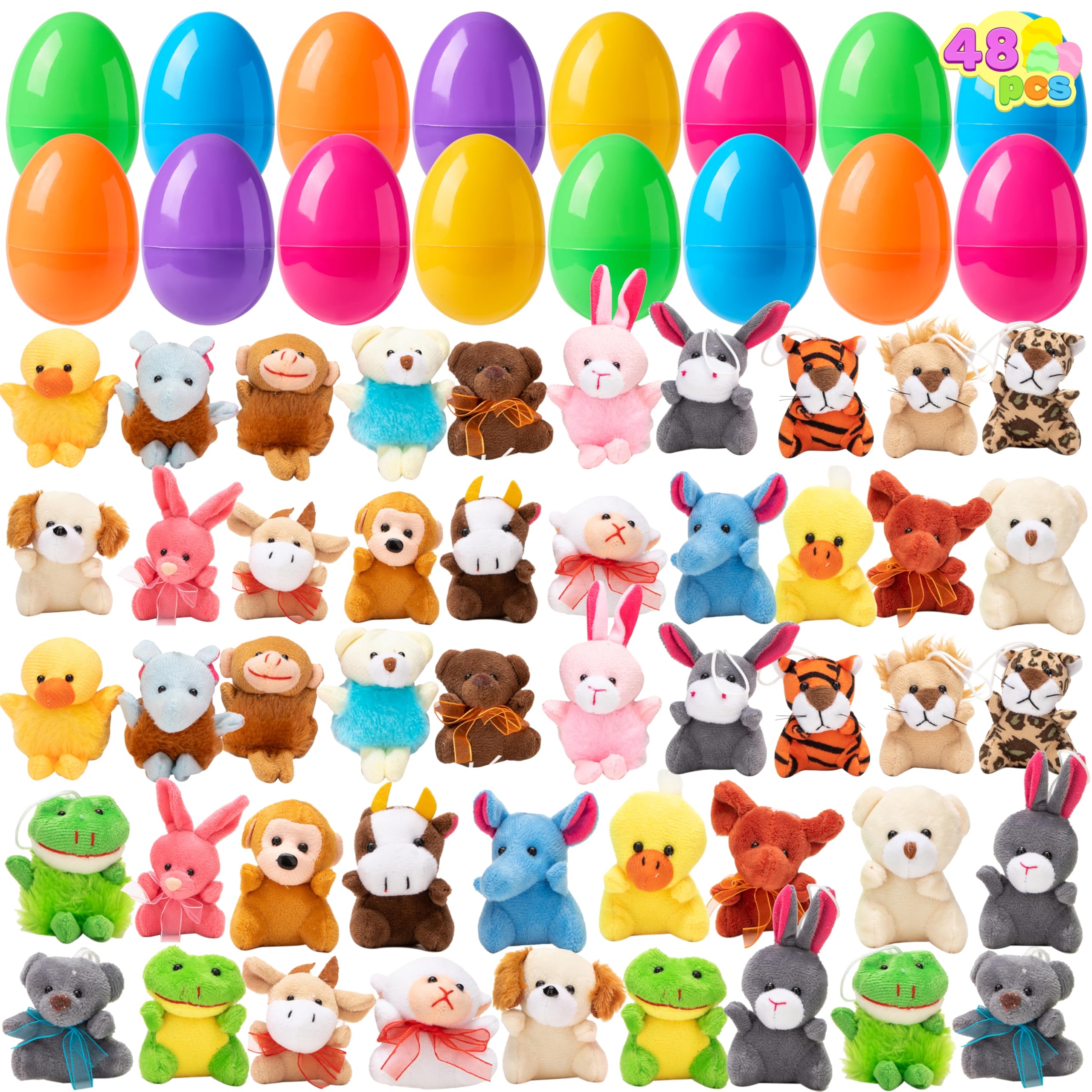 JOYIN 48 Pcs Prefilled Eggs with Mini Stuffed Animal Plush Toys Keychain for Kids, Plastic Easter Basket Stuffer Filler for Easter Egg Hunt Party Bag Fillers Gifts