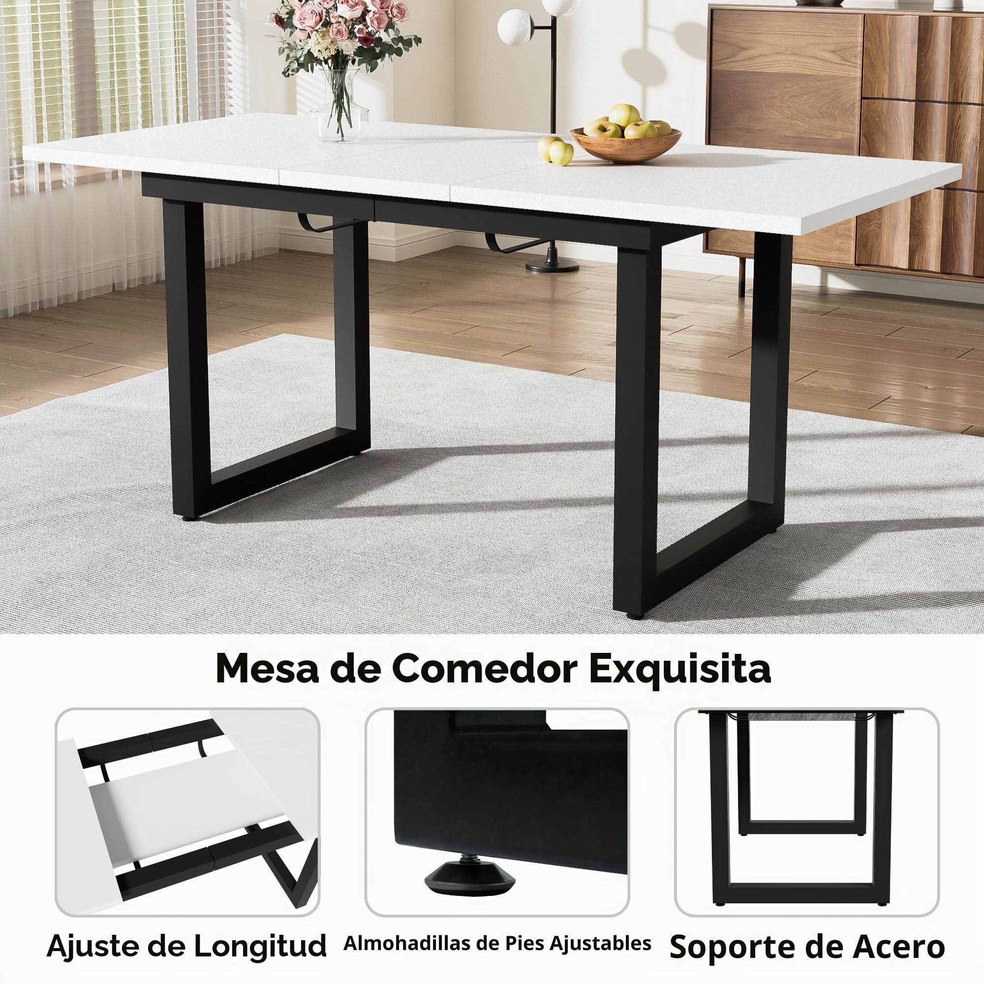 Merax Mesa de comedor extensible con patas de metal, rectangular, para salón y comedor, color blanco