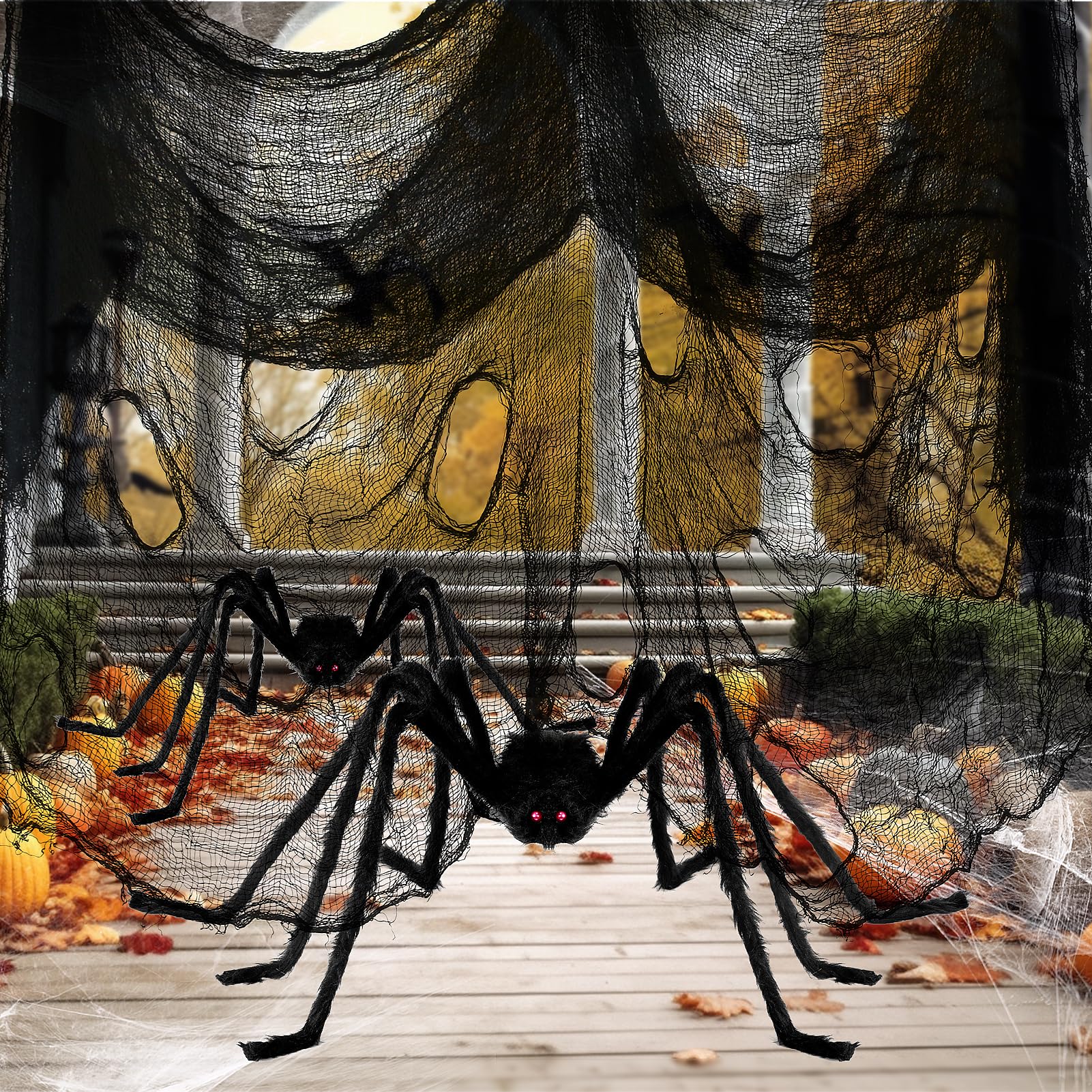 Nirohee 5 Pack Halloween Spider Web Black Creepy Cloth, Spooky Fabric Cloth Halloween Decorations Outdoor and 2 Pack Giant Spider Halloween Party Decor Large Halloween Spiders