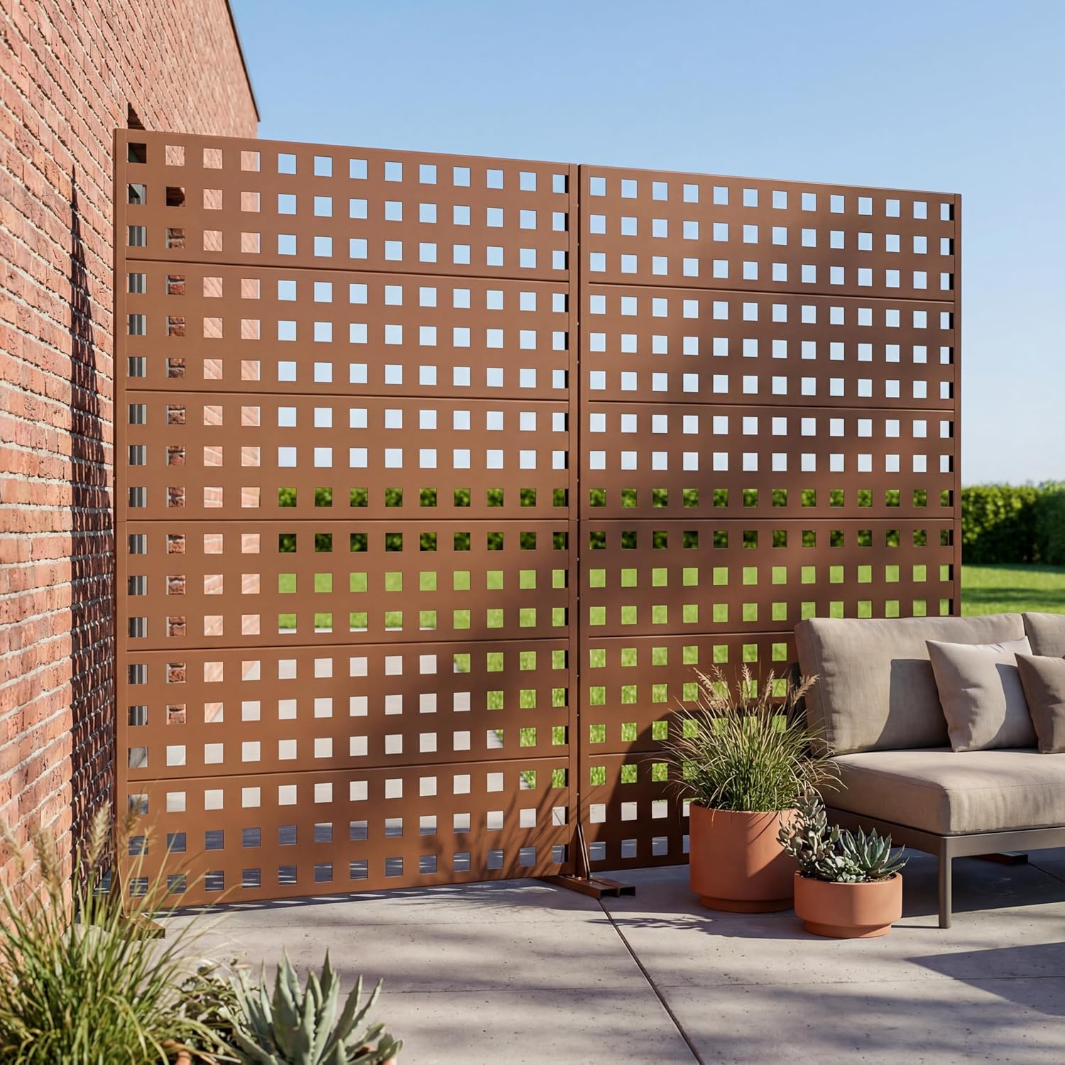 Casaphoria 72" H x 47" W Metal Privacy Screen, 2 Pack Outdoor Freestanding Decorative Divider for Patio & Garden with Stable Base, Brown-Grid