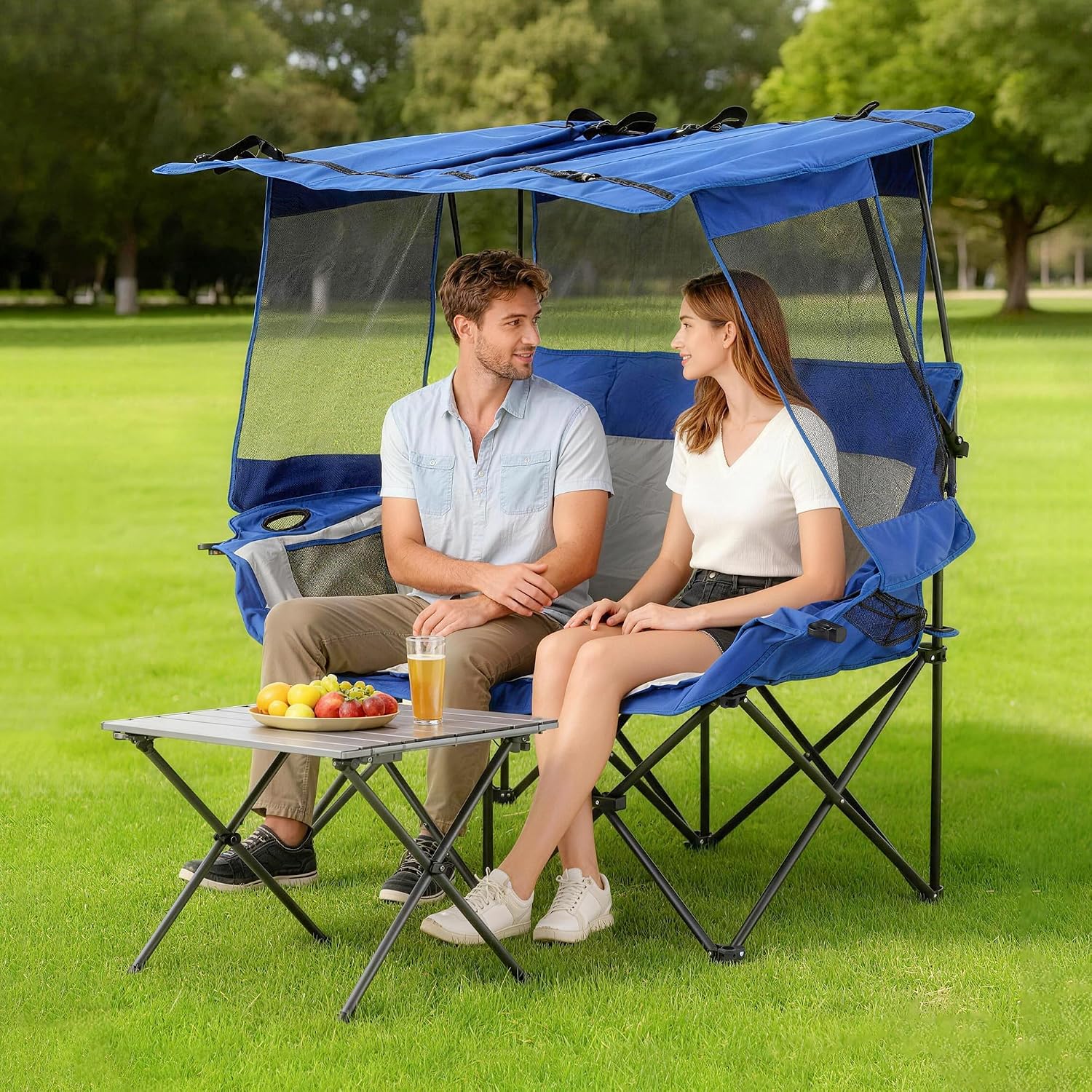 Double Camping Chairs with Canopy Shade Folding Beach Chair Heavy Duty Oversized Outdoor Padded Loveseat Chair 2 Person with Removable Roof Cup Holders Side Pockets Portable Carry Bag,Blue