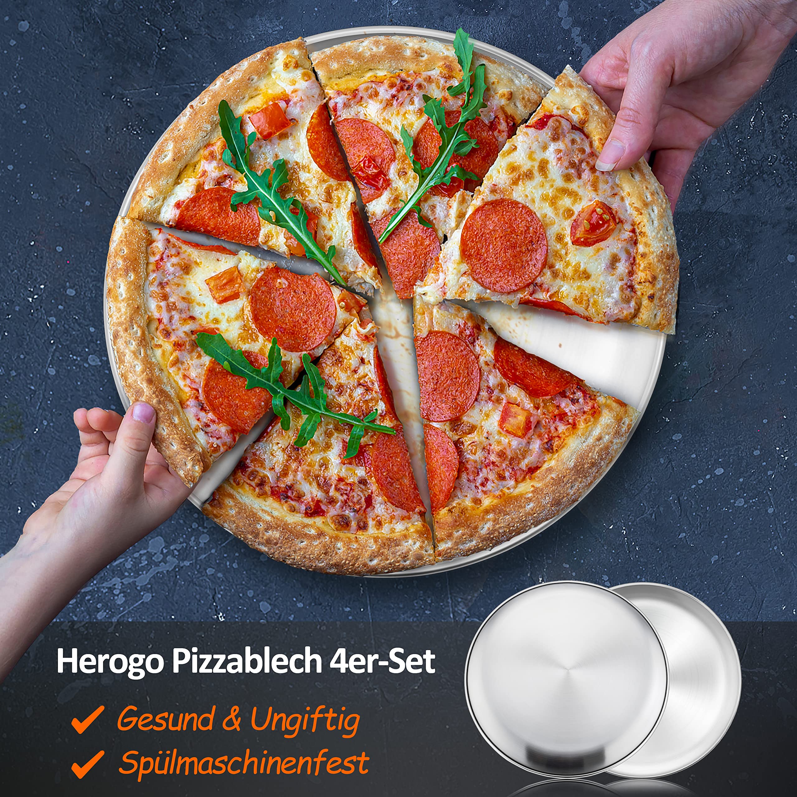 Herogo Taca do pizzy, zestaw 4 sztuki, 30 cm okrągła stalowa nierdzewna forma do pizzy, taca do pizzy do piekarnika, do pieczenia, serwowania, pieczenia, nietoksyczna i zdrowa, trwała i odporna na