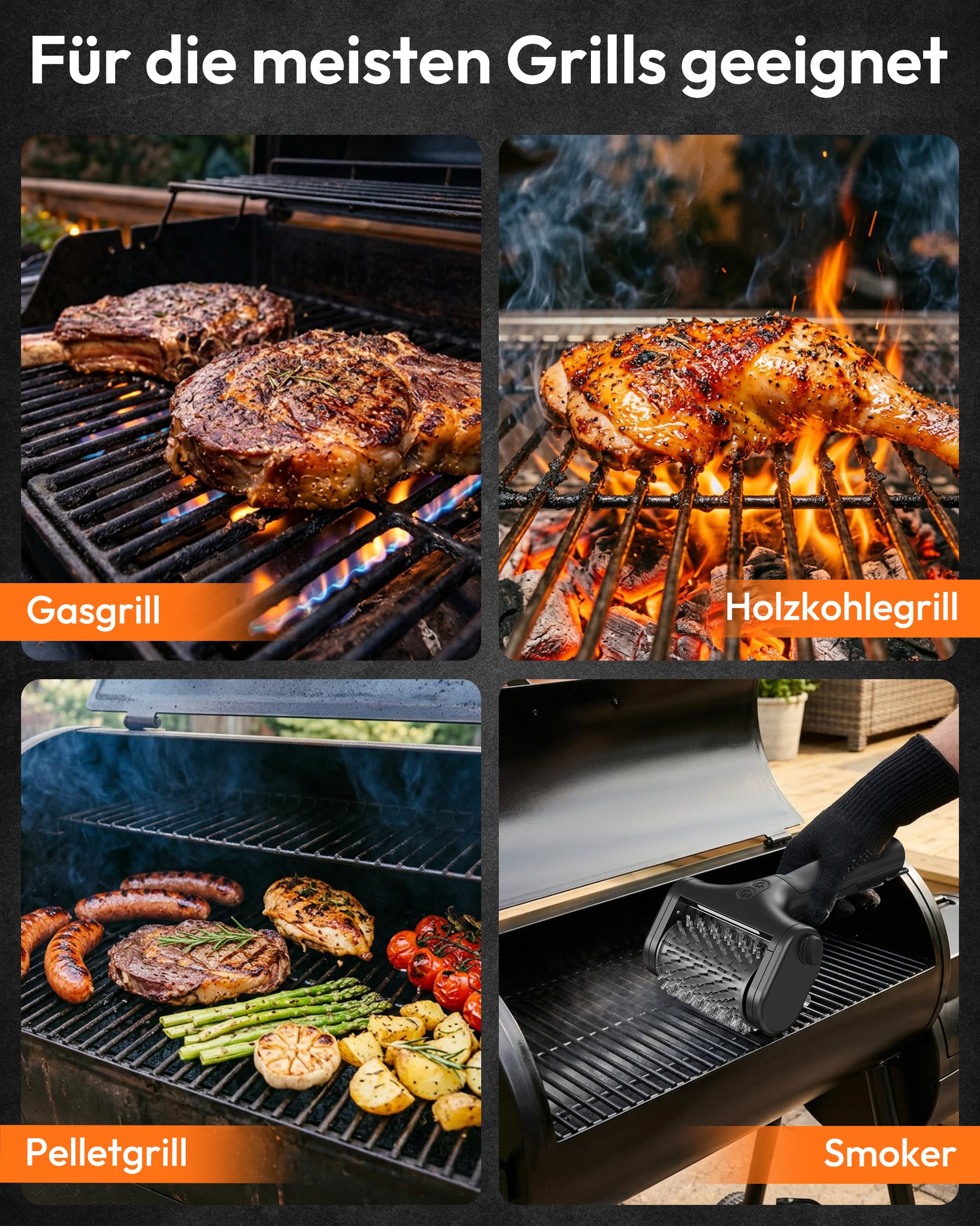 Elektrische Grillbürste Kabellos, 2 Geschwindigkeiten Grillreiniger | USB-C Wiederaufladbar 150 Min, Wasserdicht, LED Licht, Edelstahl-Bürste, Elektrischer Grillreiniger für BBQ & Grillrost