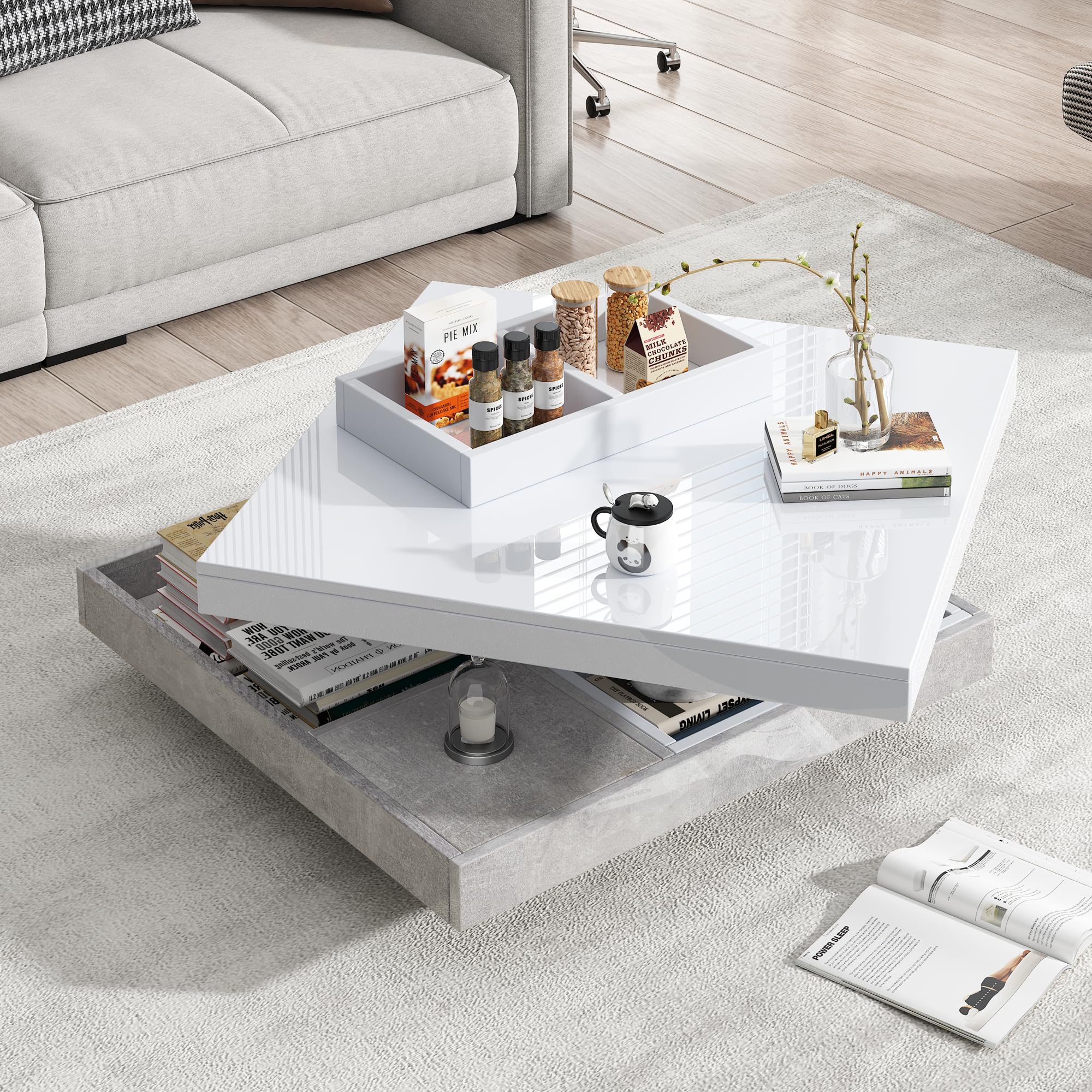 Merax Couchtisch quadratische mit Drehbarer Schreibtisch, Moderner Wohnzimmertisch mit verstecktem Ablagefach, kreativer Sofatisch Kaffeetisch Beistelltisch Mitteltisch für Home Office, Weiß & Marmor