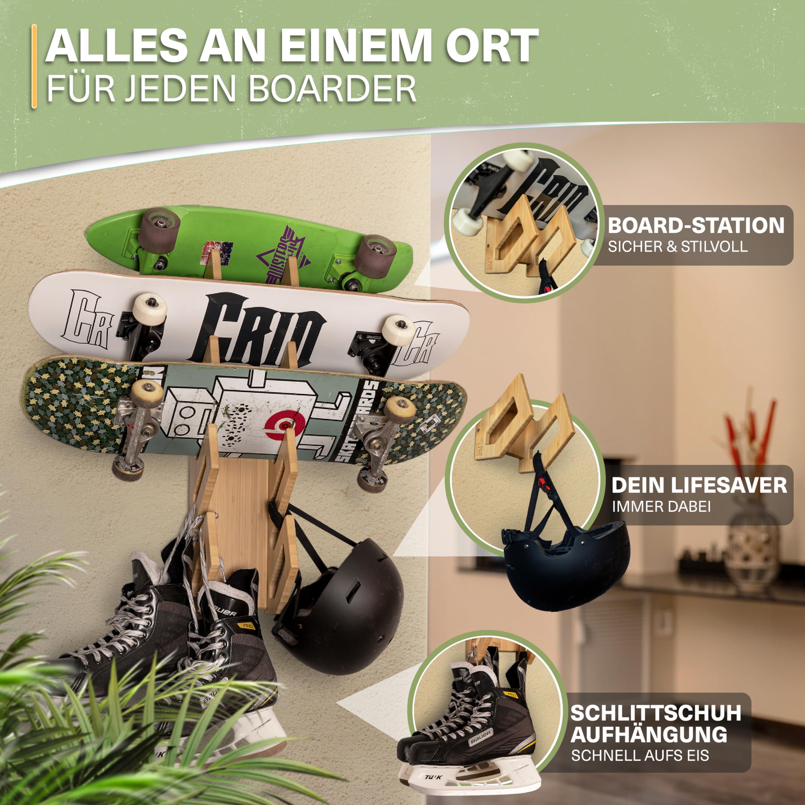 Supporto Parete Per Skateboard CRID - In Bambù Per 4 Tavole Con Kit Montaggio Incluso - Foto 4