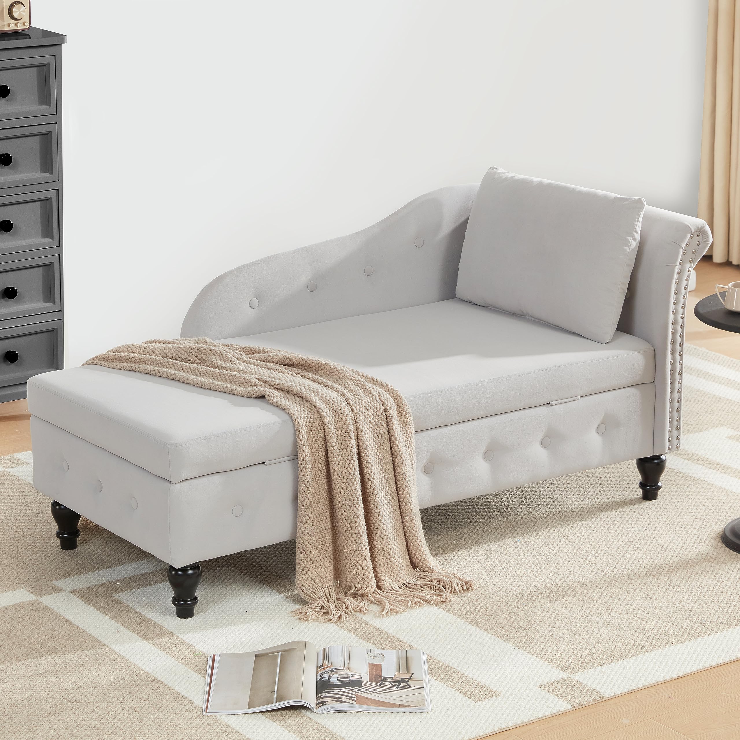 Chaise Lounge Indoor with Storage, Modern Nailhead-Trimmed Tufted Lounge Chair, Upholstered Chaise Lounges Couch with Pillow for Living Room, Bedroom, Office, Light Grey, Right Armrest