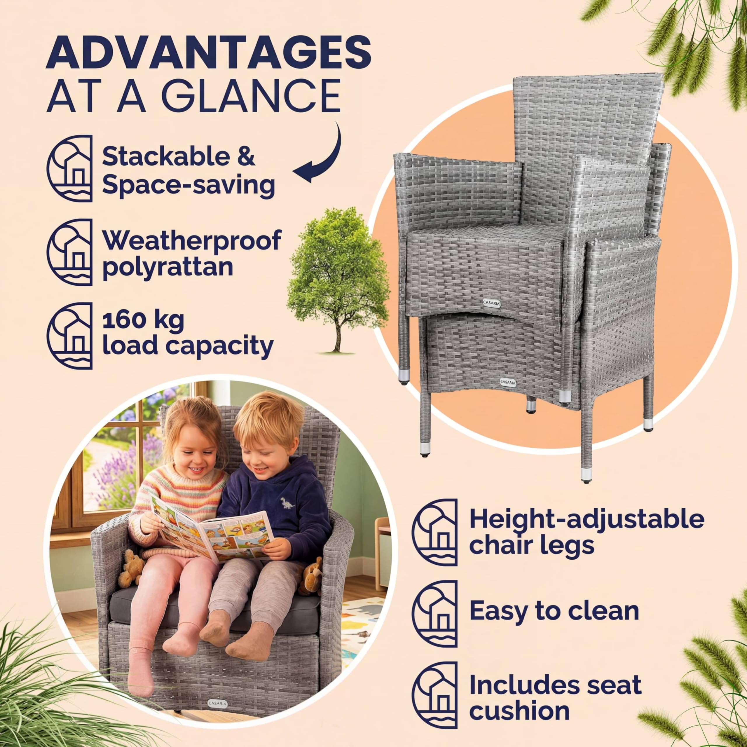 Casaria Set de 2 chaises de Jardin en polyrotin 88 x 59 x 59 cm Gris Fauteuils avec Coussins 7 cm Mobilier de Jardin extérieur