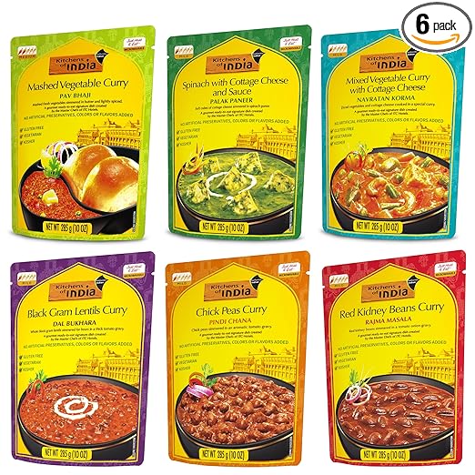 Kitchens of India Ready To Eat Dinner Variety Pack of 6 - 10 Ounces, Authentic Vegetarian Indian Food, Gluten-Free