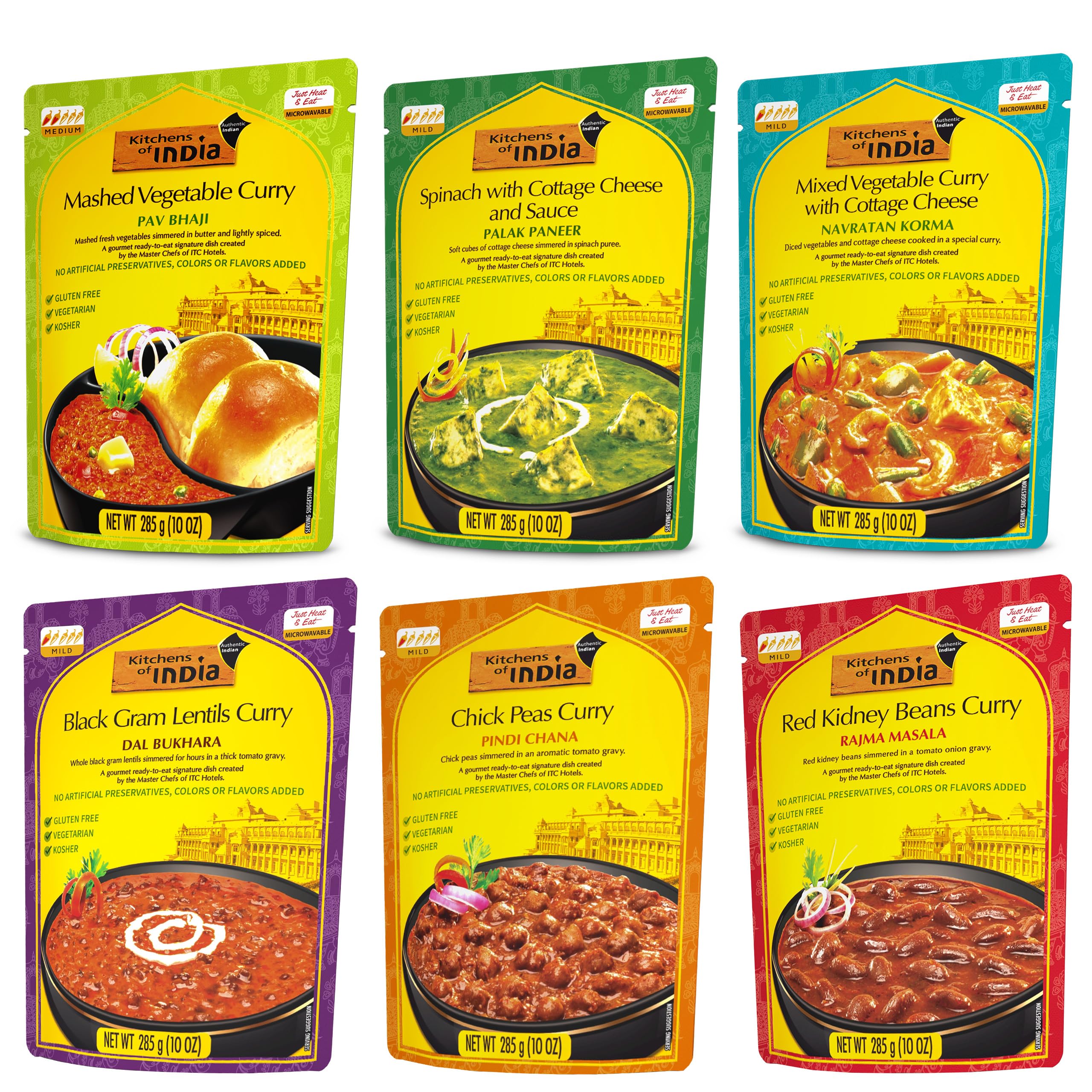 Kitchens of India, Heat and Eat Dinner Variety Pack, 10 Ounce Packages (6 Count)