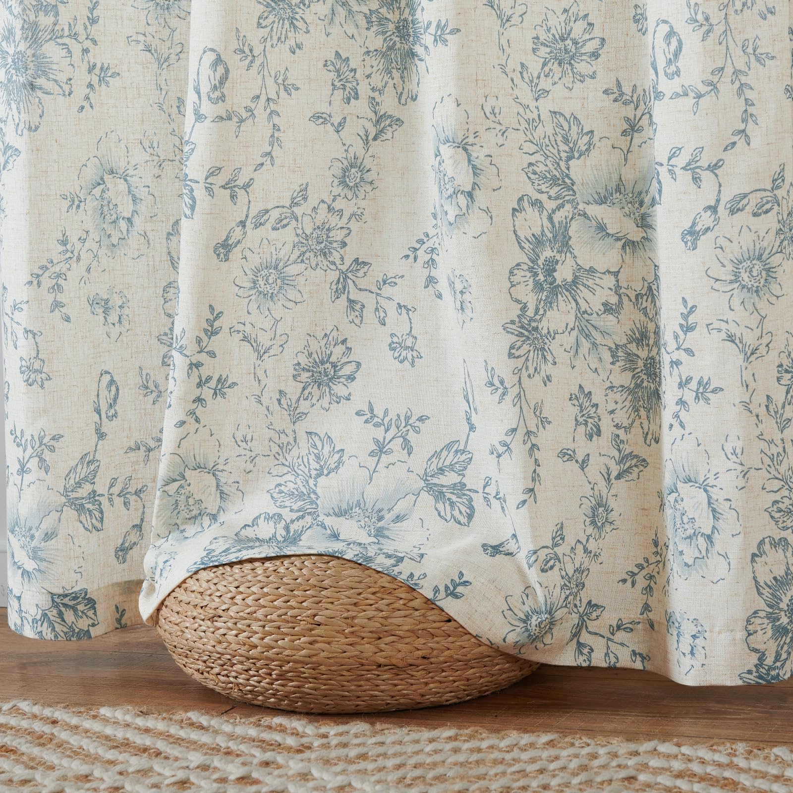 TOPICK Tende floreali in lino con passanti nascosti, traslucide, per soggiorno, camera da letto, set da 2 pezzi, 140 x 210 cm (larghezza x altezza), blu su beige