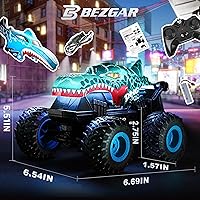 Vista 3 de BEZGAR Monster Truck Toys - Camiones monstruo a control remoto con luz y música, juguetes de dinosaurios para niños, camión RC a escala 1:20 con Dos