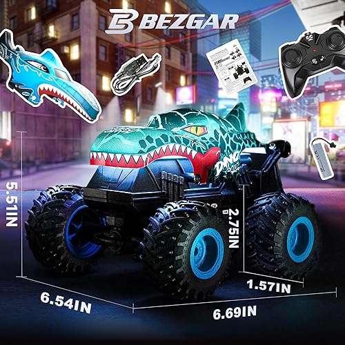 Miniatura 3 de BEZGAR Monster Truck Toys - Camiones monstruo a control remoto con luz y música, juguetes de dinosaurios para niños, camión RC a escala 120 con