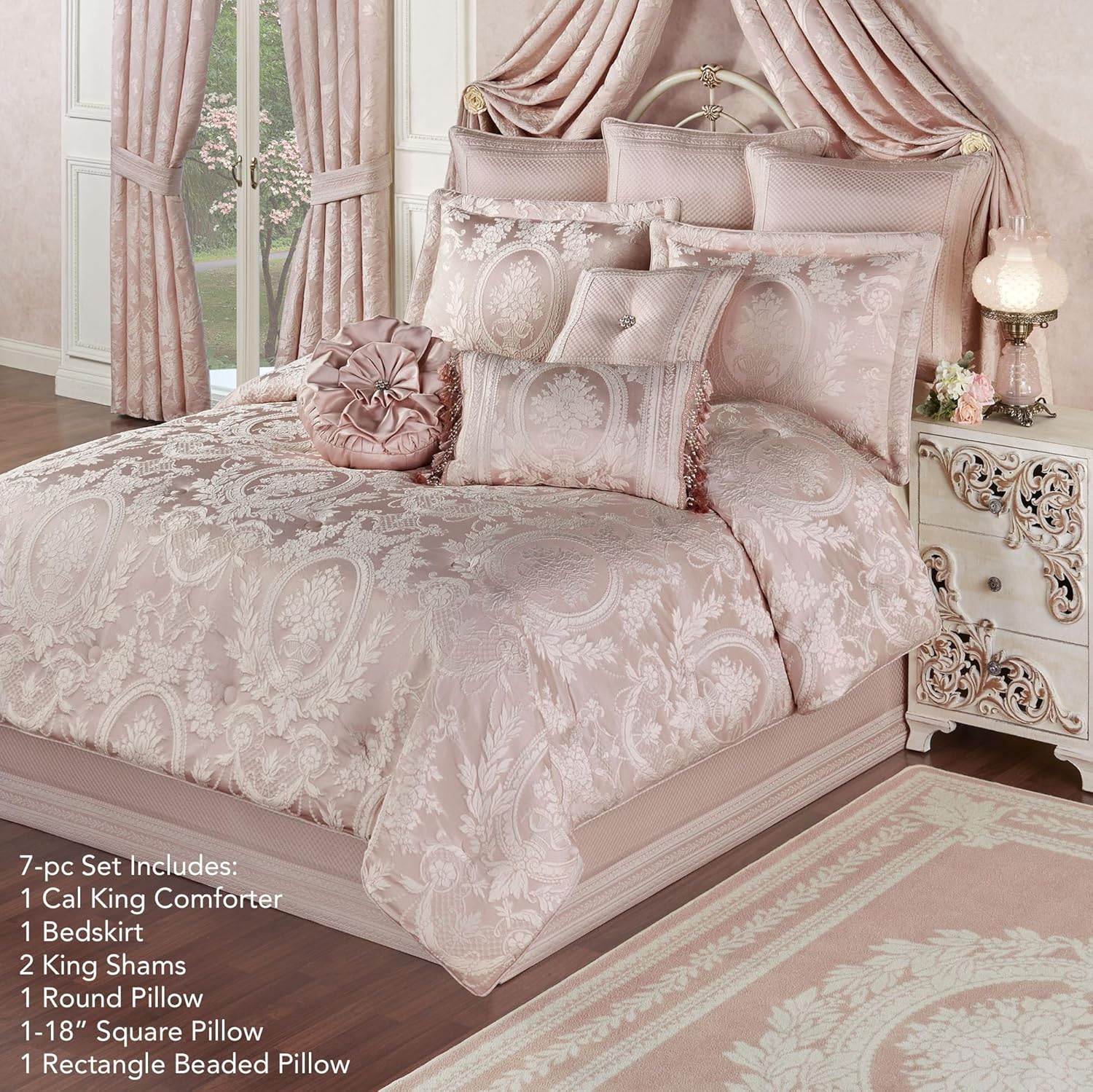 Marquessa Luxury Bedding | Soft Pearl and Pastel Blush Pink Hues | Puff Jacquard-Woven Traditional Floral Bouquets | 7 Pc Bed Set: Cal King Comforter, Bedskirt, 2 King Shams, and 3 Decorative Pillows